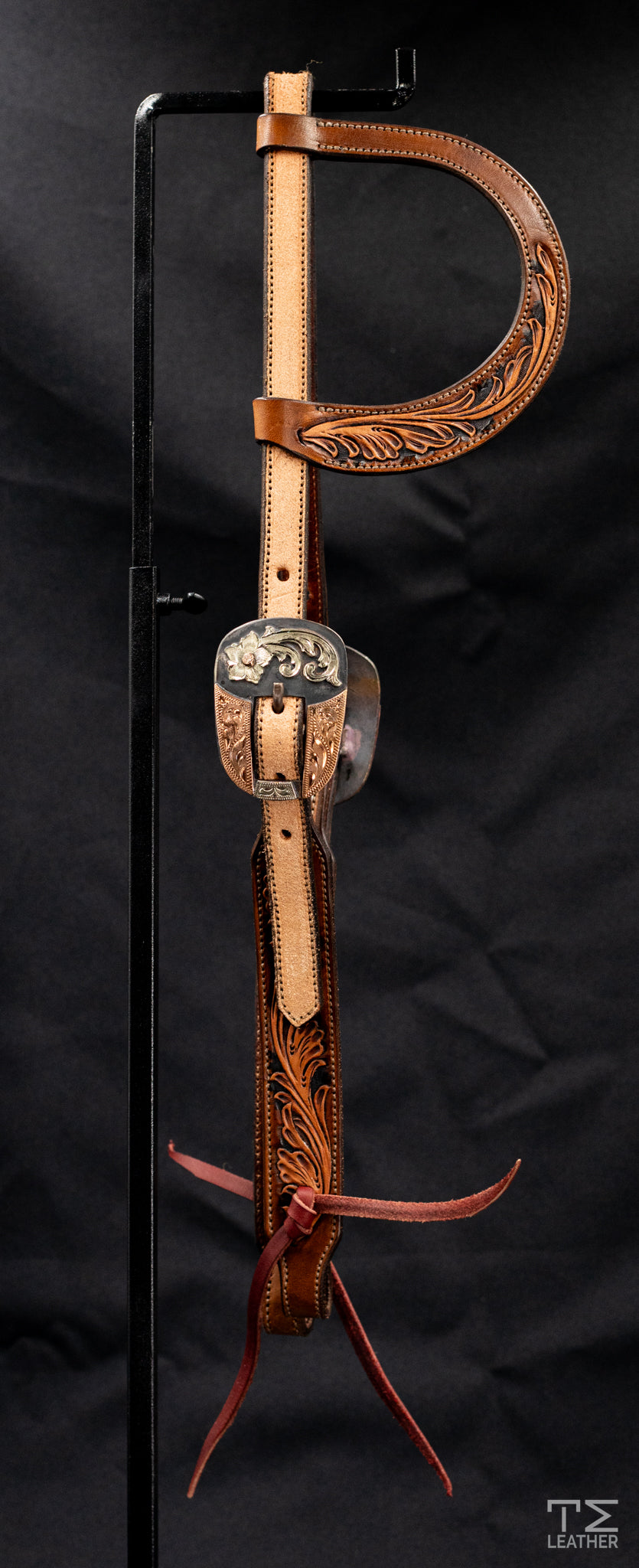 Slide Ear Brown & Black w/ Roughout & Steel Rounded Square Buckle w/ Copper & Floral Accents
