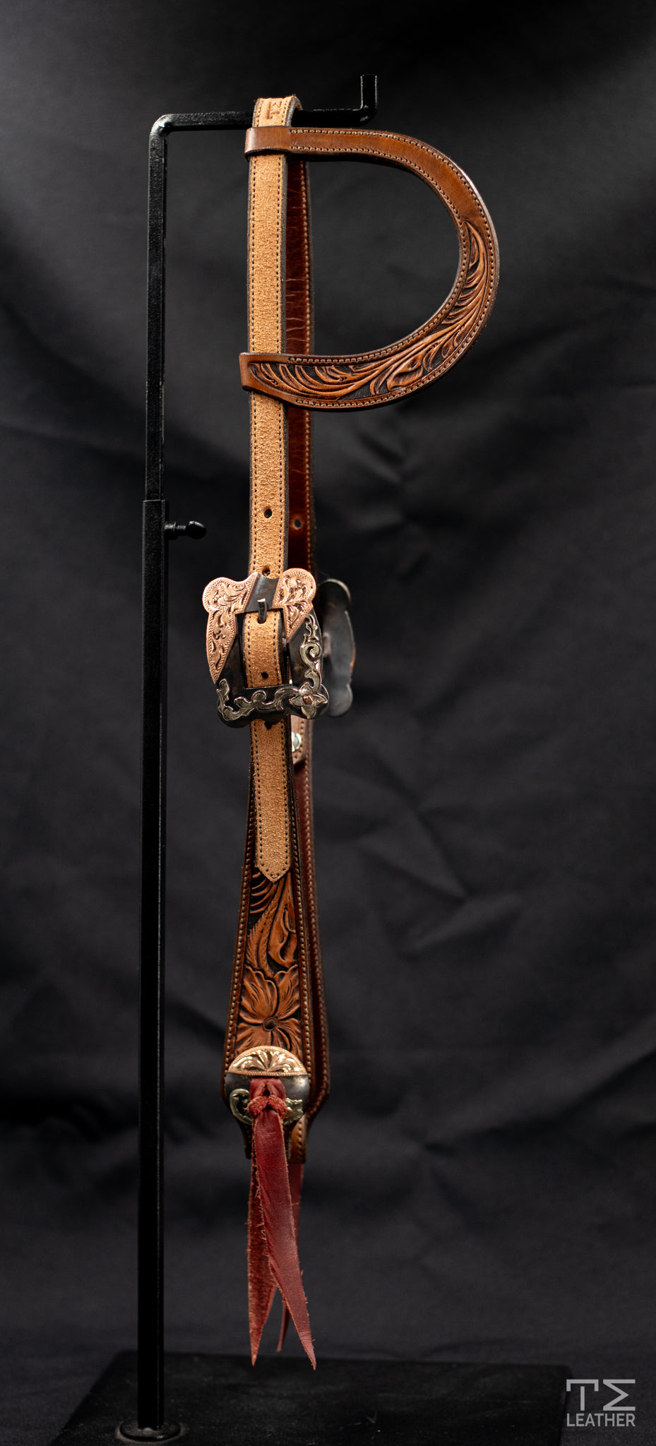Slide Ear Brown & Black w/ Roughout & Steel Scalloped Square Buckle w/ Copper & Floral Accents & Conchos