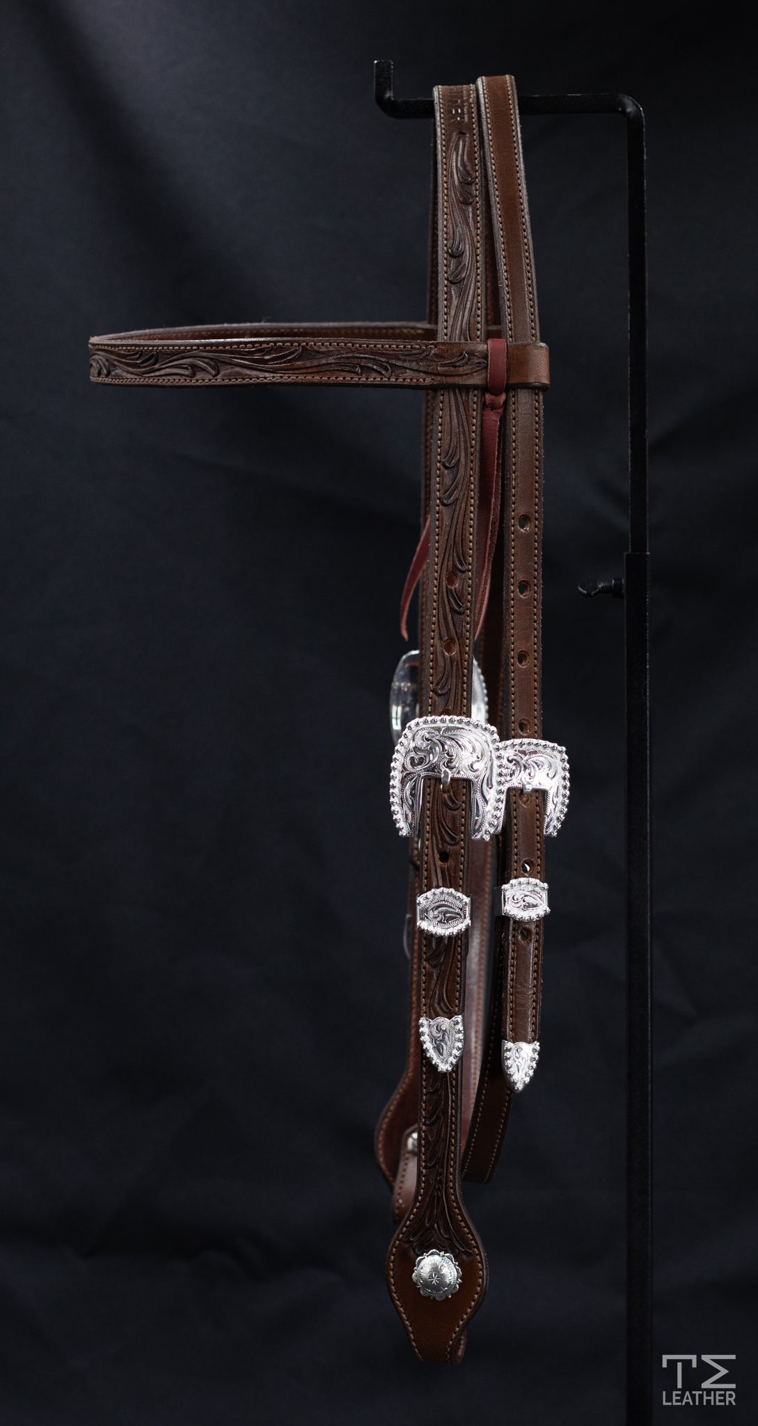 Browband Chocolate Floral w/ Engraved Silver Plated Hardware & Berry Edges