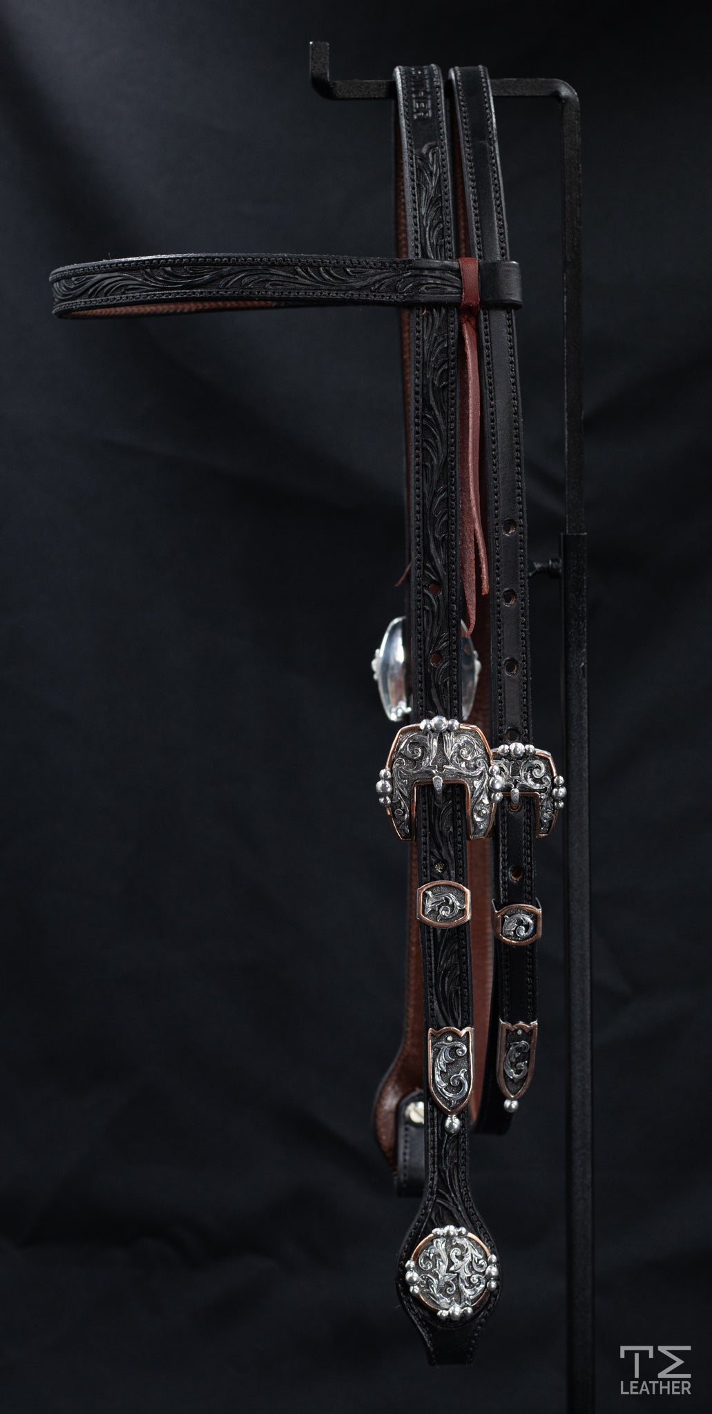 Browband Black Floral w/ Engraved Silver Plated Hardware w/ Copper Accents