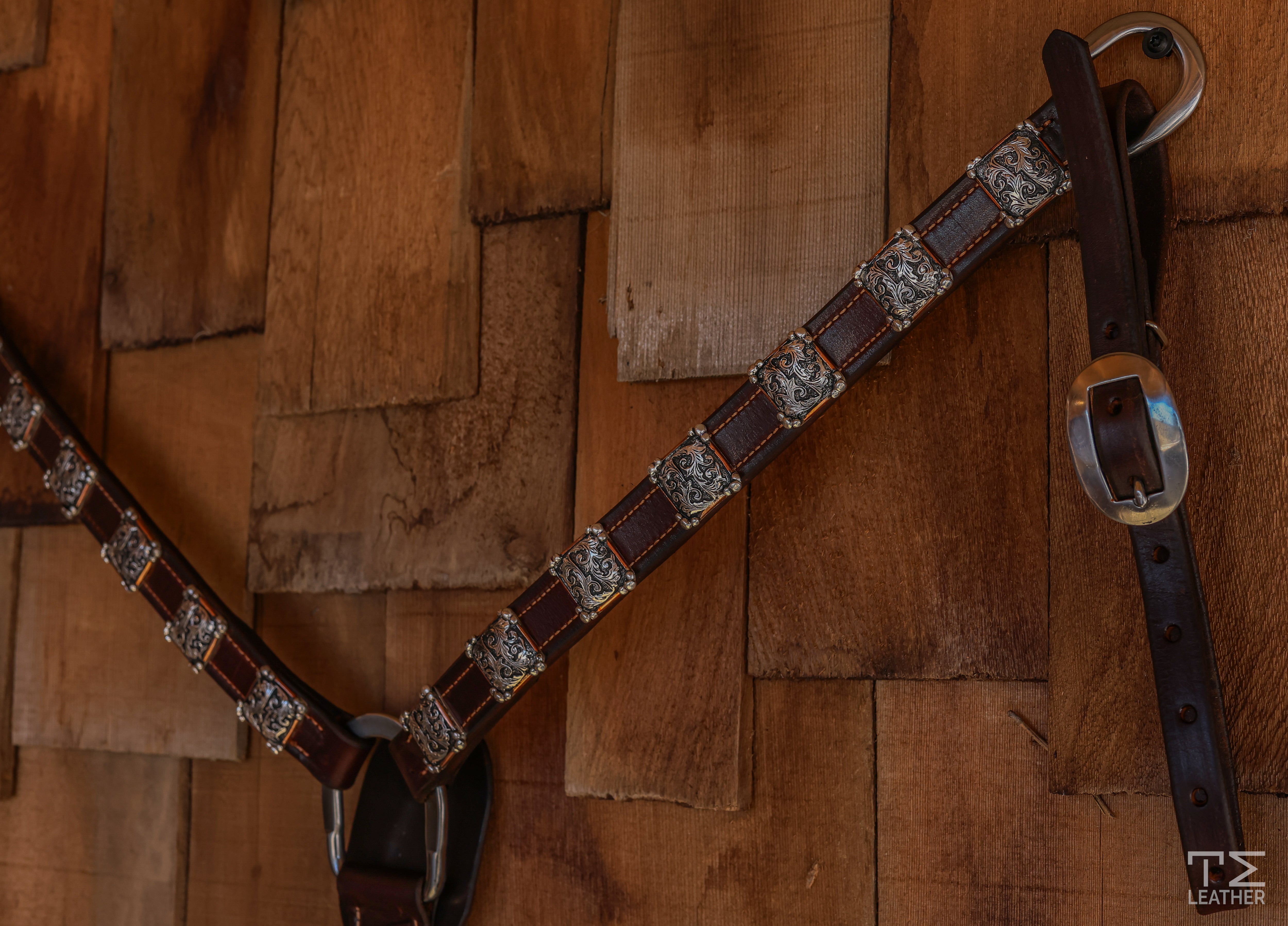 1" Chocolate Breast Collar w/ 14 Engraved Silver Overay Round Conchos & Copper Edges & Graduated Corner Beads