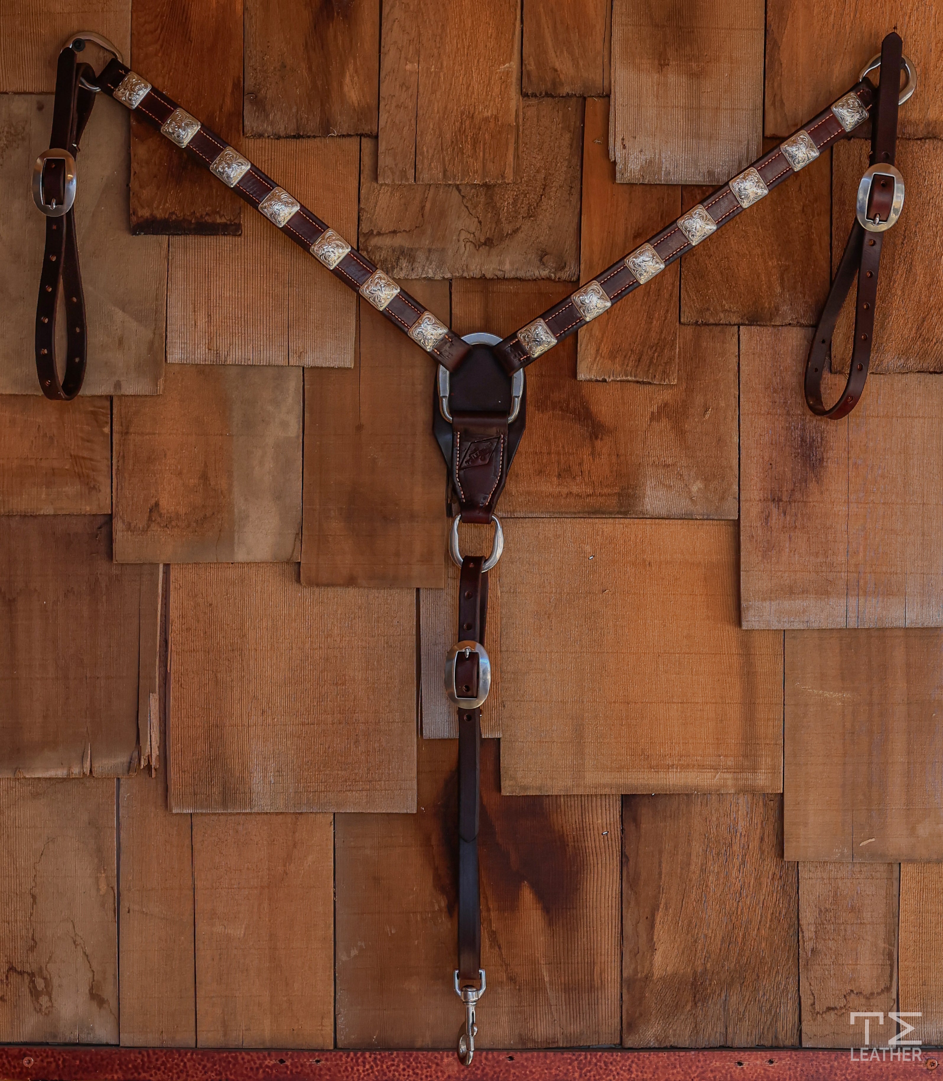 1" Chocolate Breast Collar w/ 14 Engraved Silver Plated Square Conchos