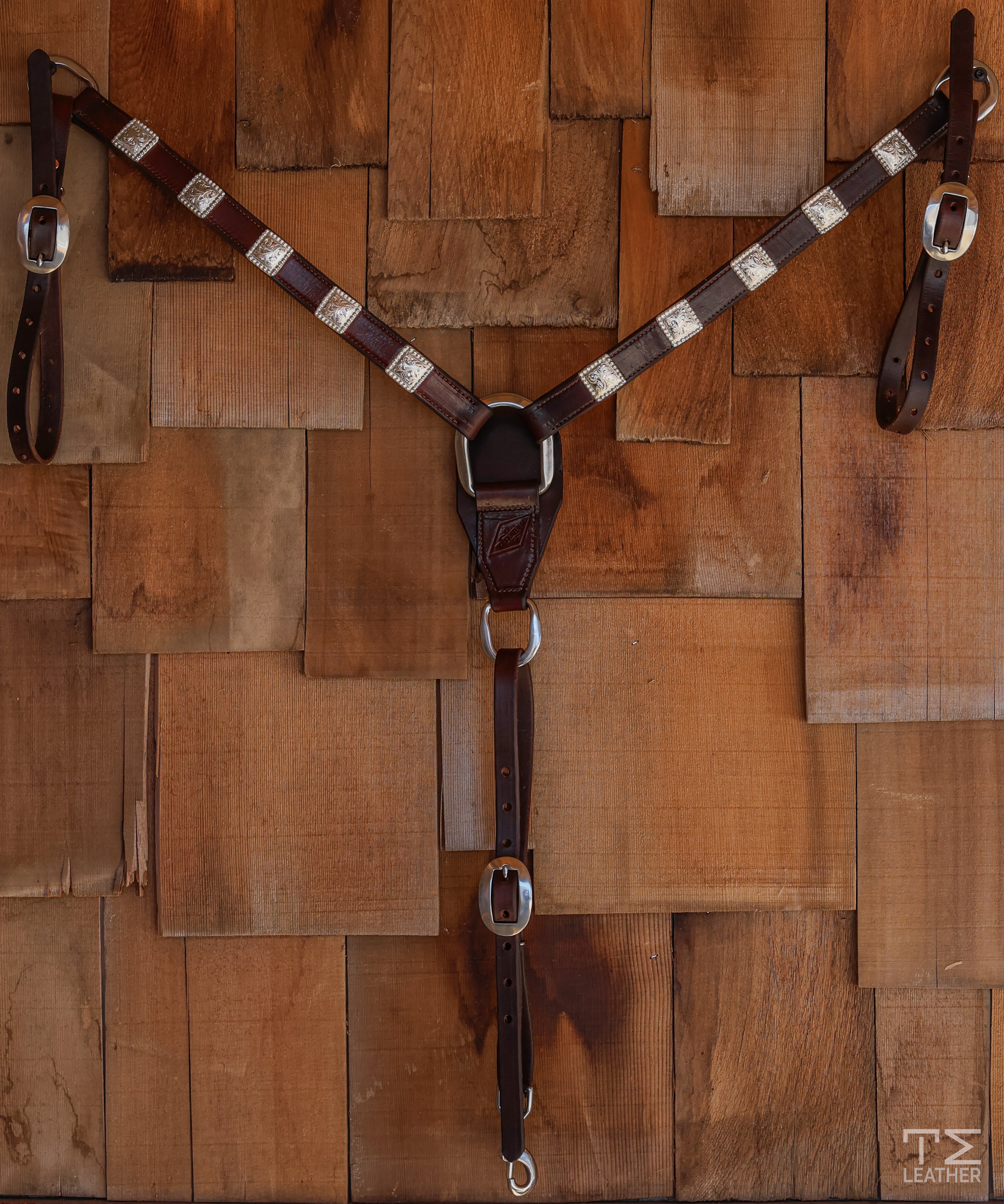 1" Chocolate Breast Collar w/ 10 Engraved Silver Plated Square Conchos & Graduated Beads