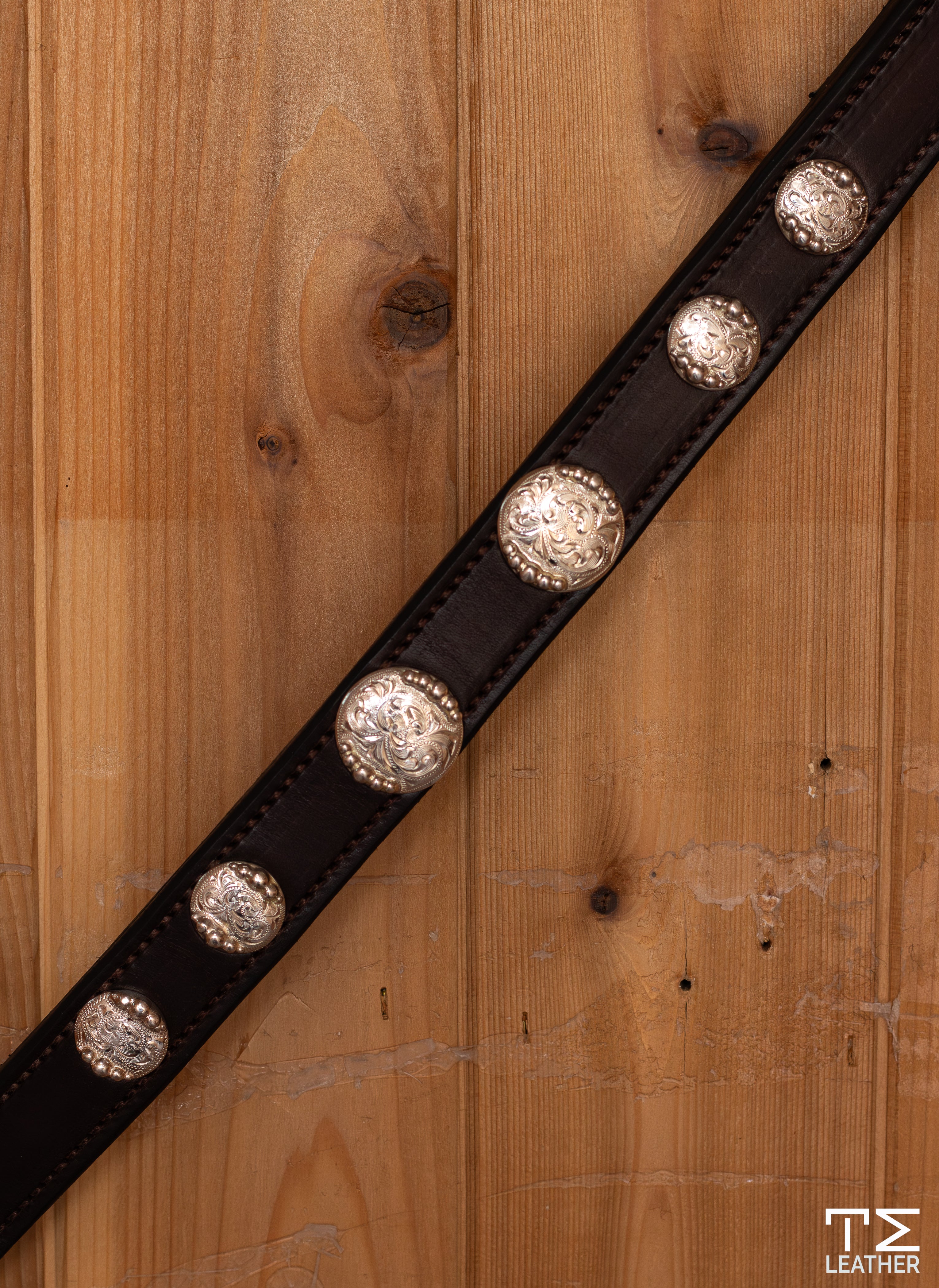 1" Chocolate Breast Collar with 6 Engraved Silver Plated Round Conchos with Graduated Beads