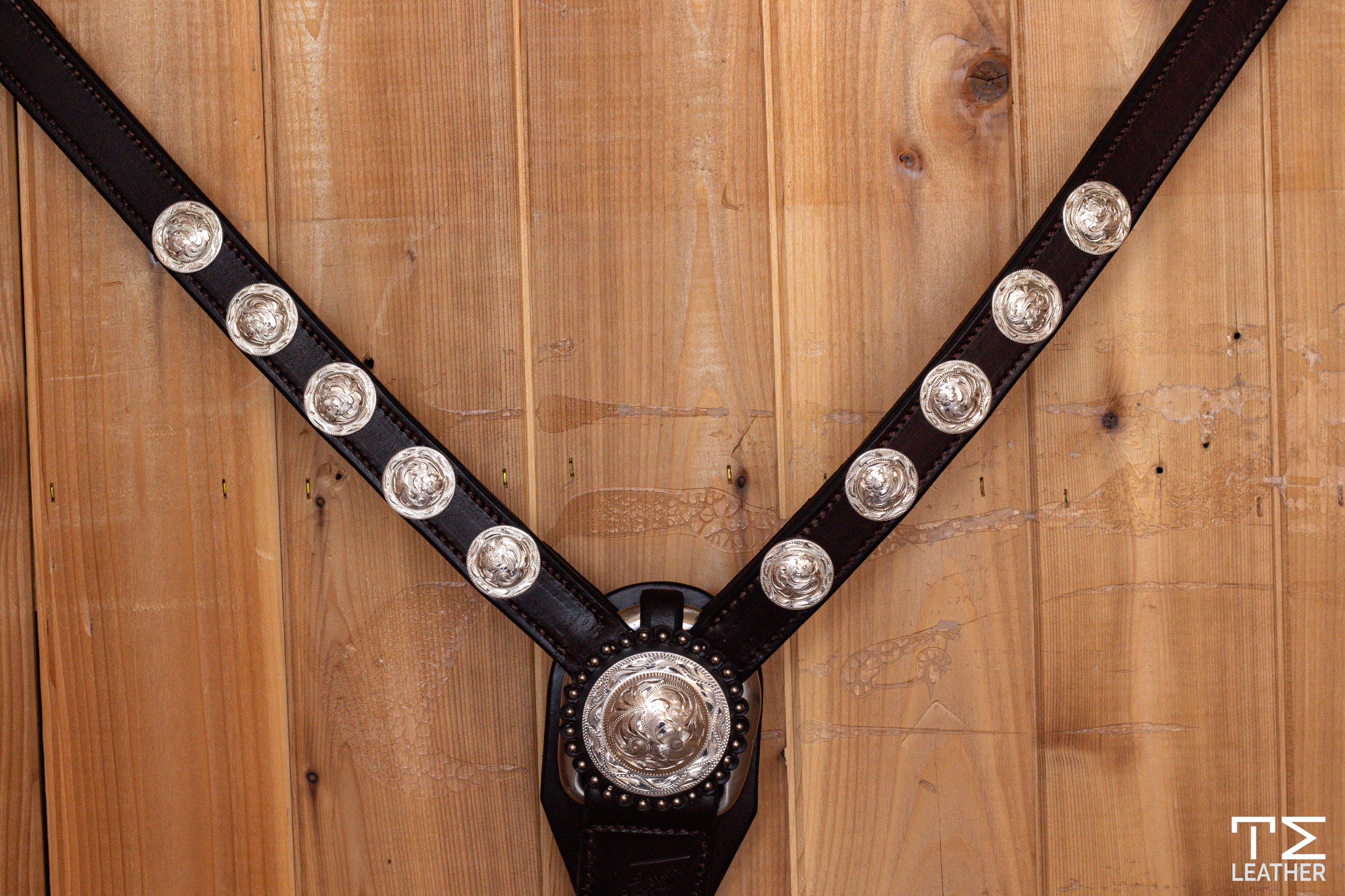 1" Chocolate Breast Collar w/ Engraved Silver Plated 5 Hat Round Conchos w/ Matching Center Concho
