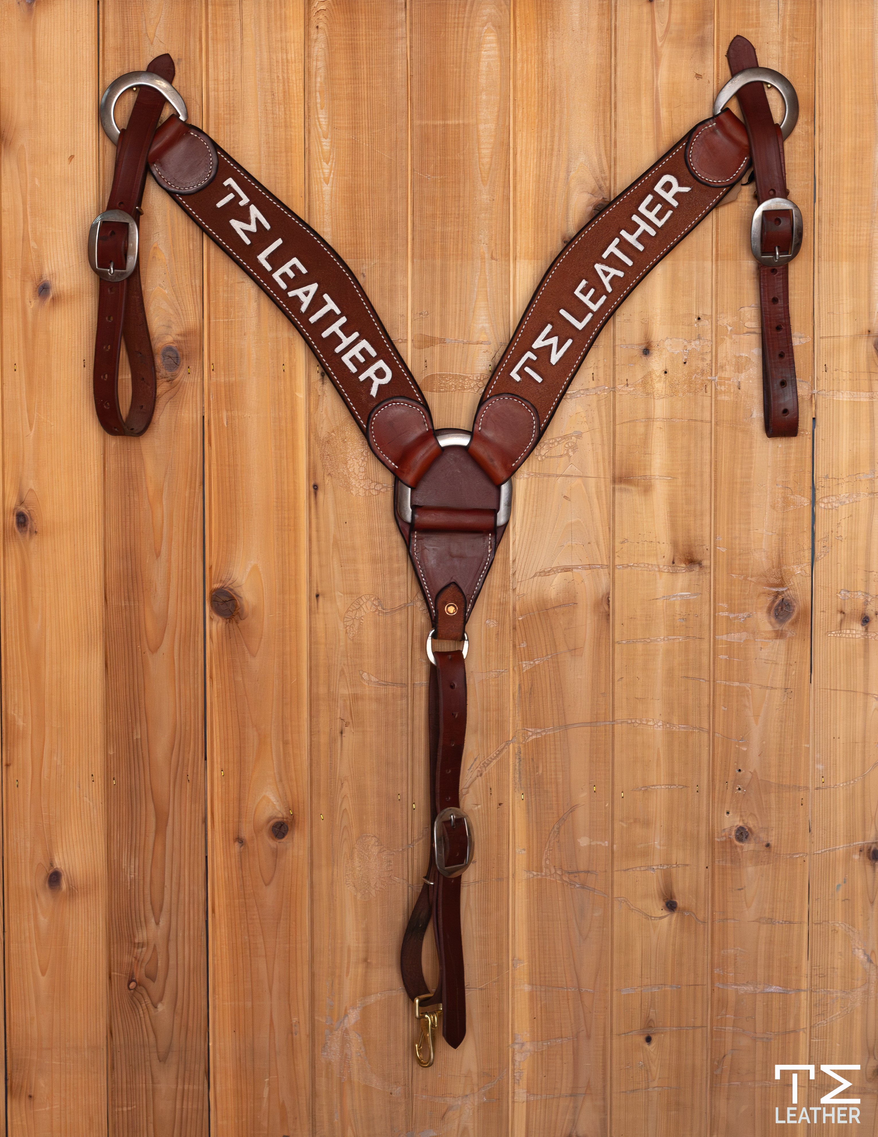 2.5" TM LEATHER Natural Roughout Three Piece Roper Breast Collar w/ White Lettering