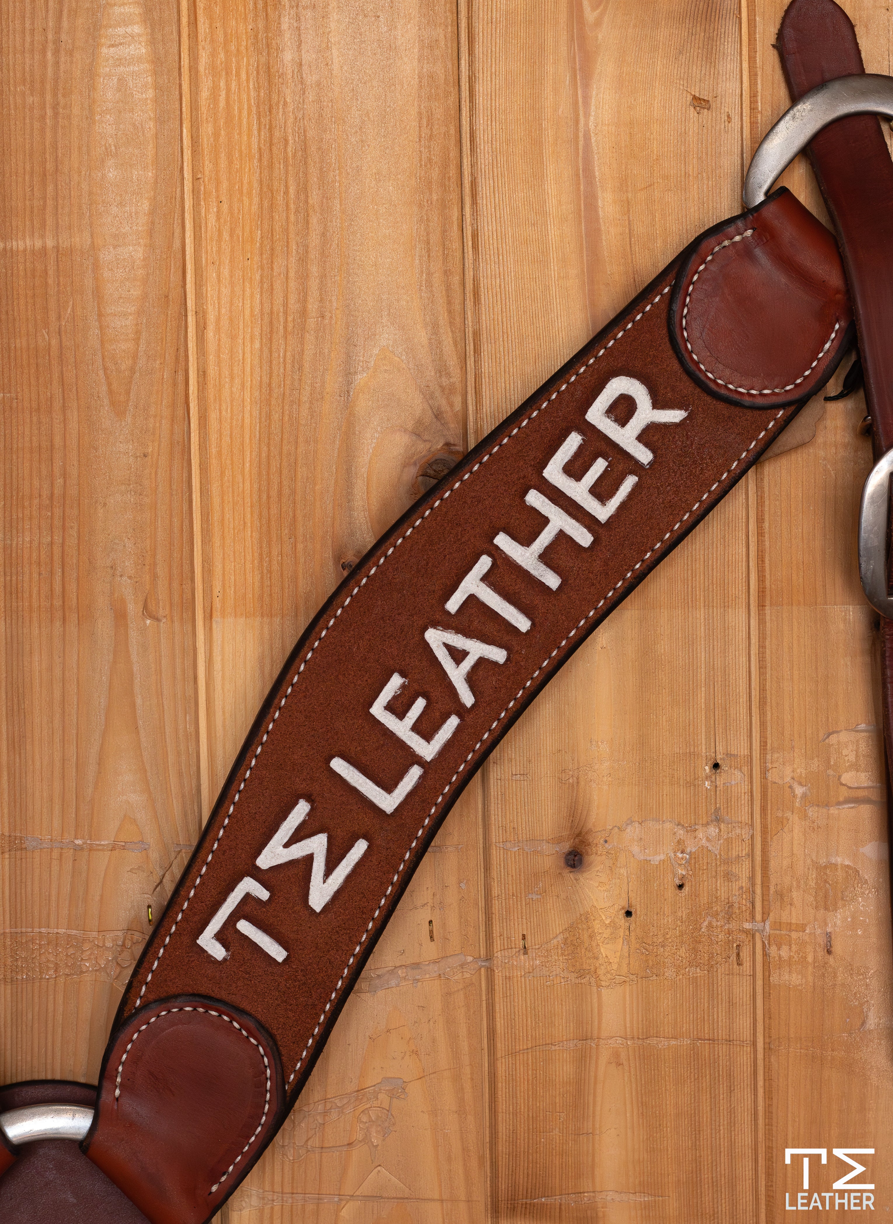 2.5" TM LEATHER Natural Roughout Three Piece Roper Breast Collar w/ White Lettering