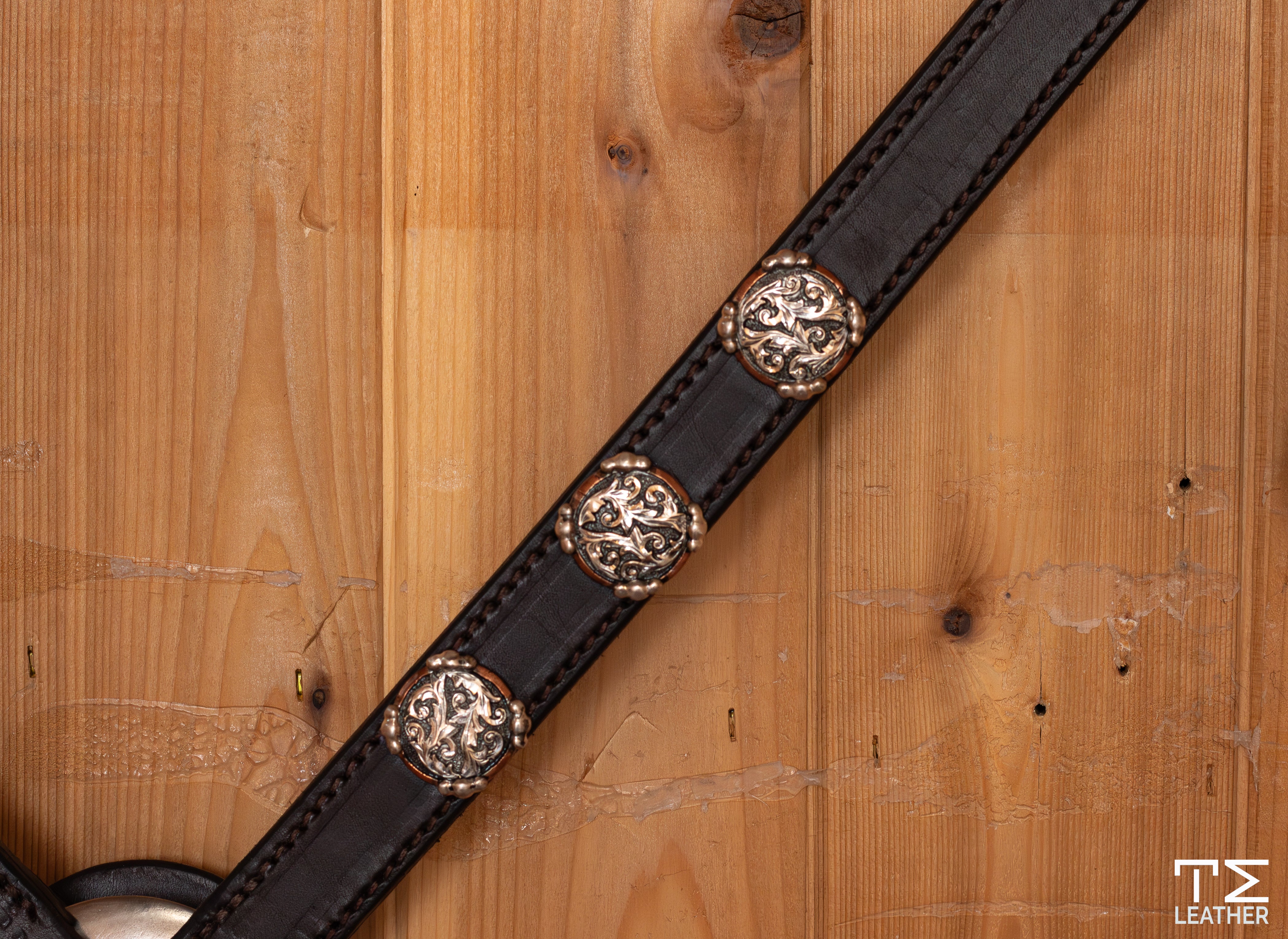 1" Chocolate Breast Collar w/ 3 Copper Silver Plated Scroll Square Conchos w/ Graduated Beads