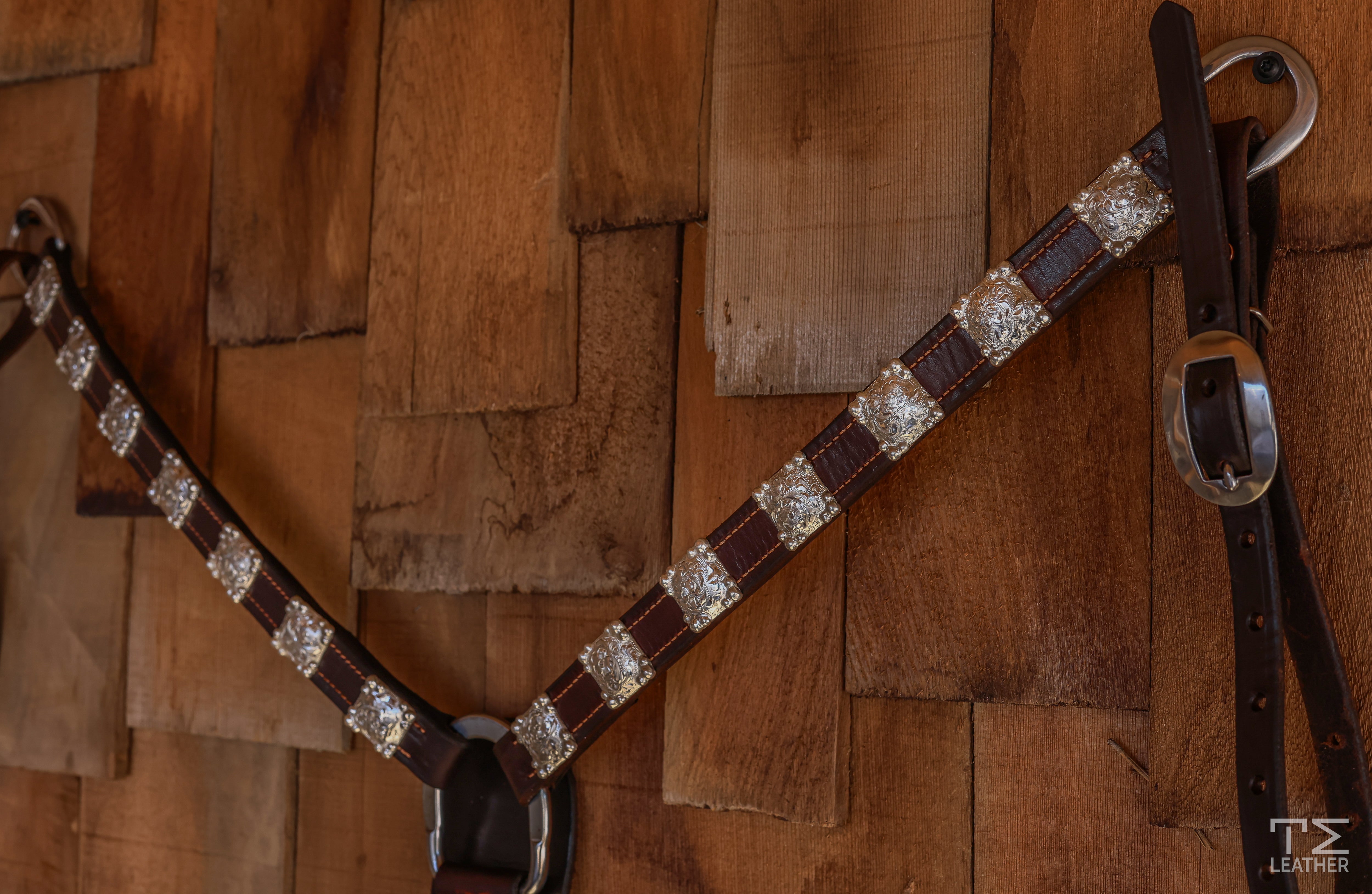 1" Chocolate Breast Collar w/ 14 Engraved Silver Plated Square Conchos & Corner Graduated Beads