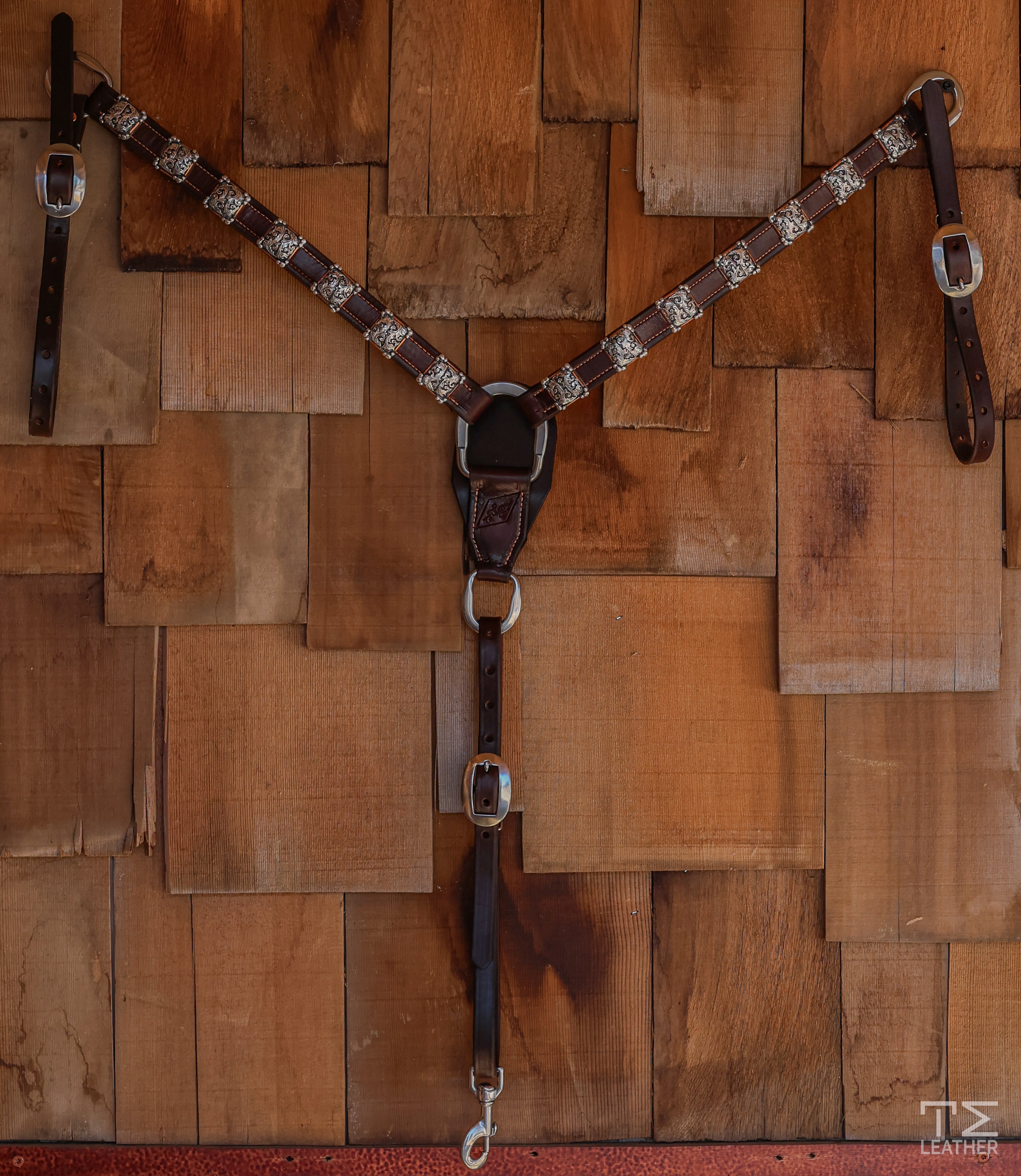 1" Chocolate Breast Collar w/ 14 Engraved Silver Overay Round Conchos & Copper Edges & Graduated Corner Beads