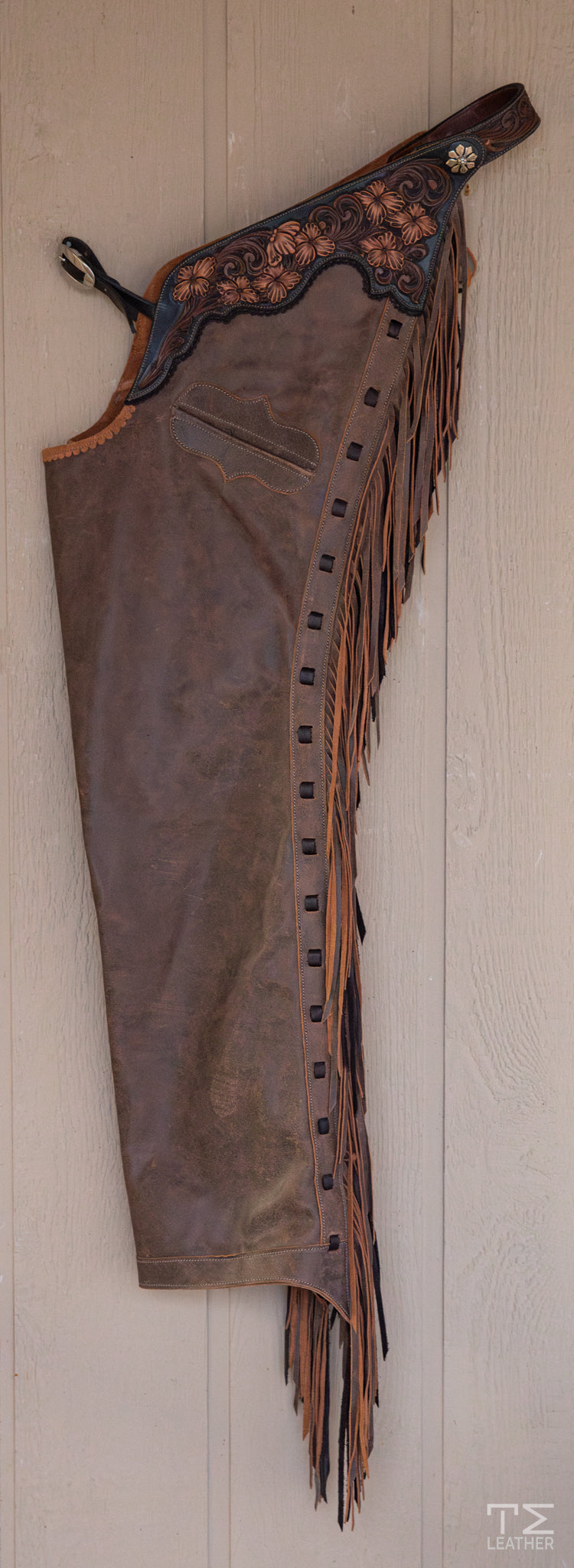 Distressed Brown Smooth-out Chaps w/ Black, Lt. Brown, & Walnut Floral Yokes w/ Pocket