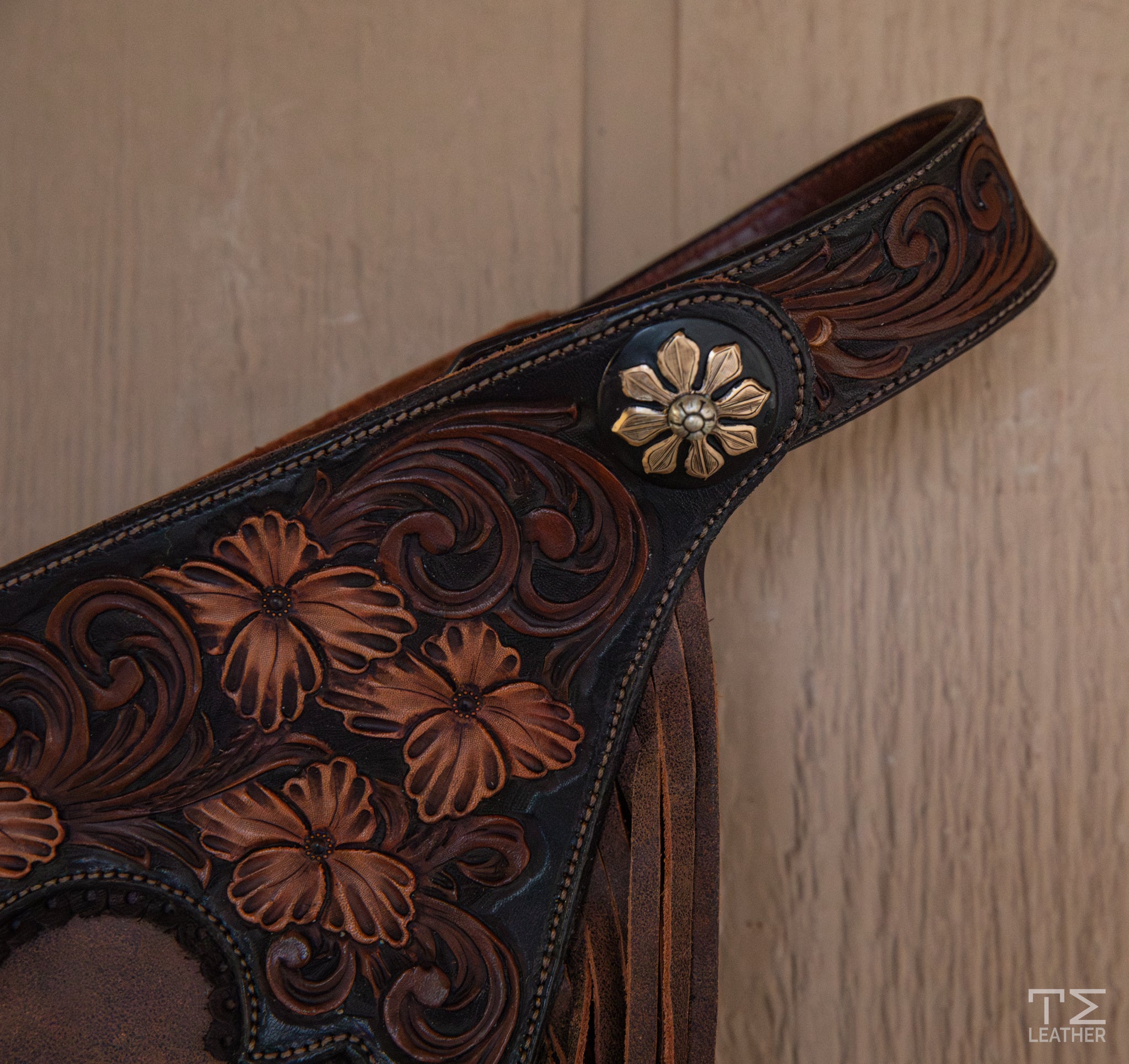 Distressed Brown Smooth-out Chaps w/ Black, Lt. Brown, & Walnut Floral Yokes w/ Pocket