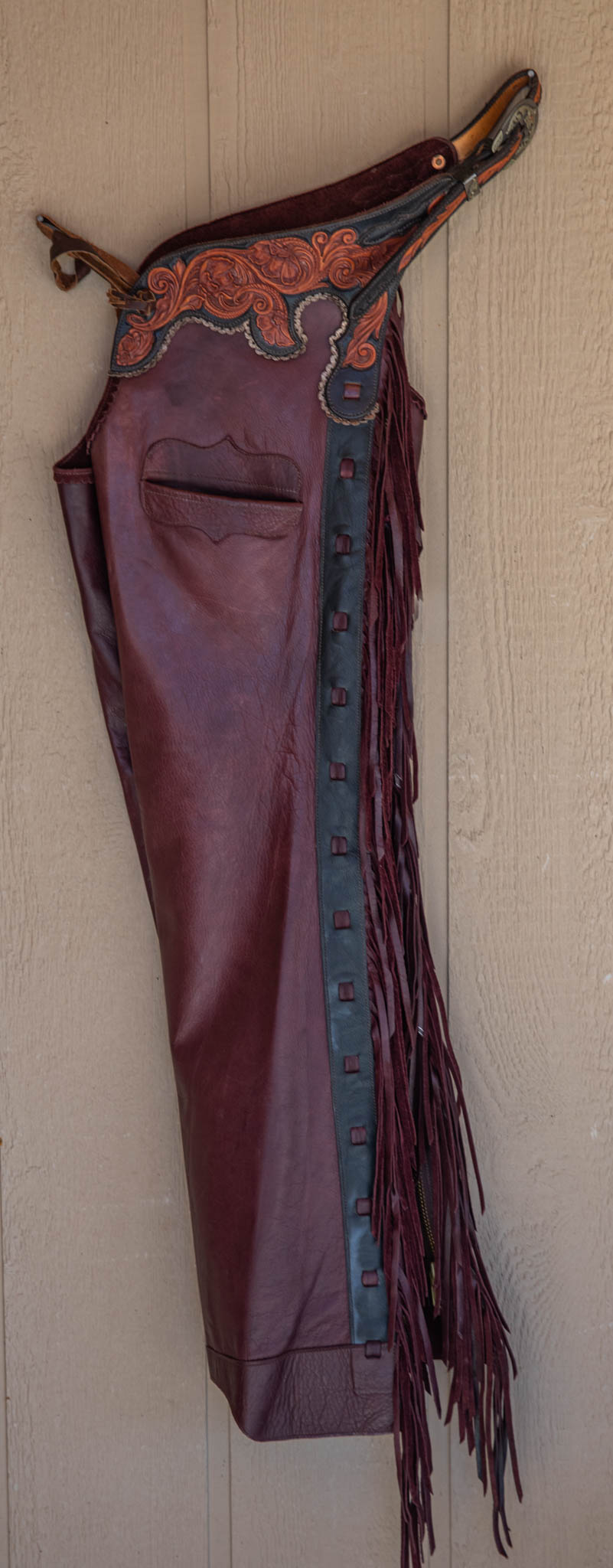 Burgundy Smooth-out Chaps w/ Black & Mahogany Floral Yokes and Pocket