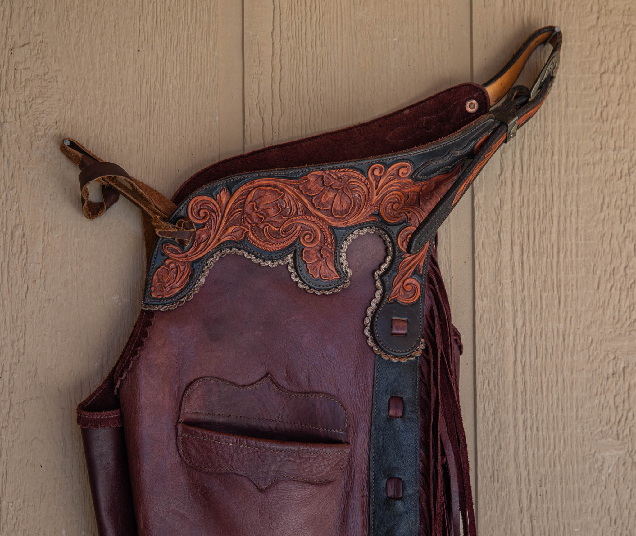 Burgundy Smooth-out Chaps w/ Black & Mahogany Floral Yokes and Pocket