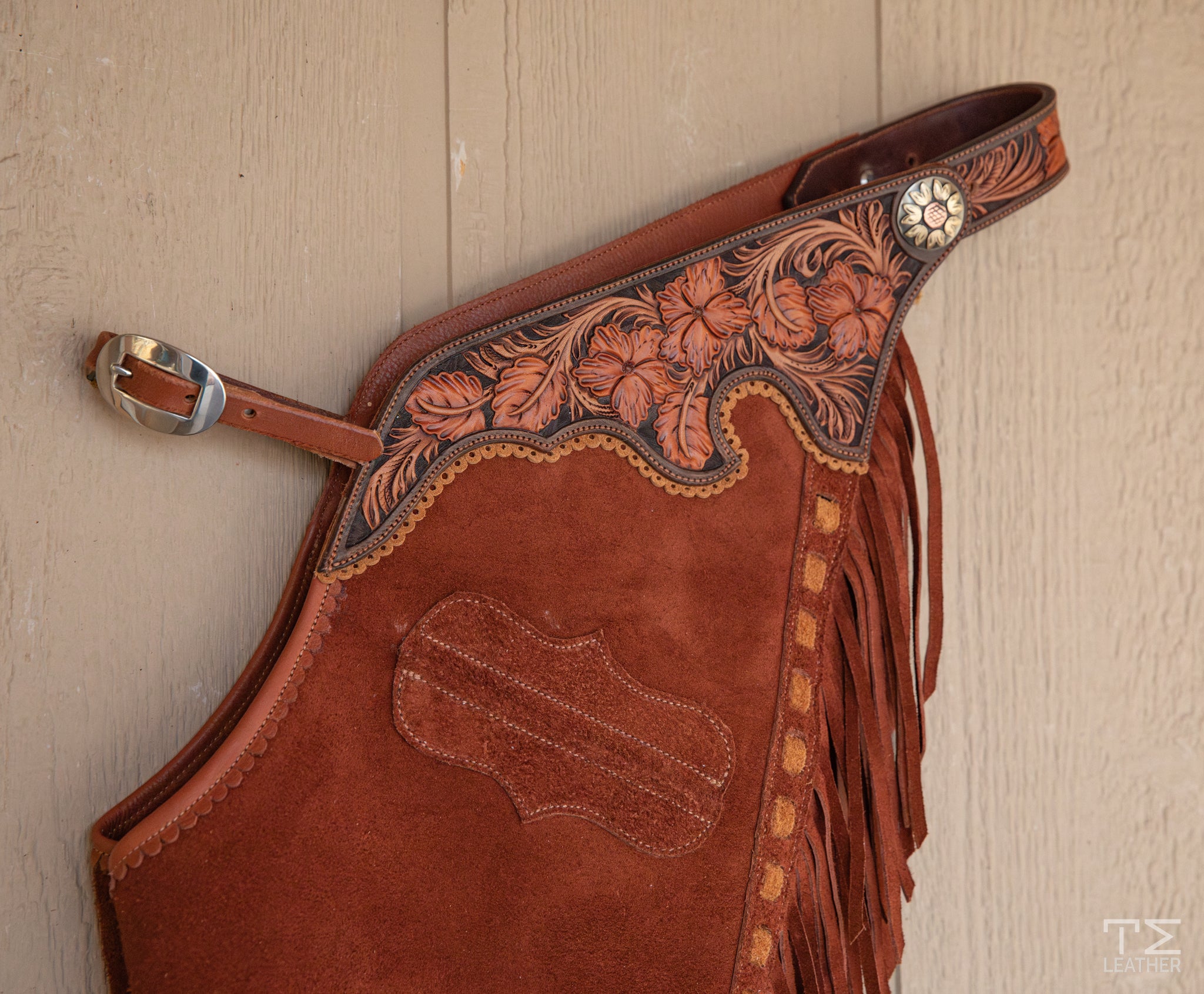 Rust Roughout Chaps w/ Chocolate, Medium Brown, & Rust Floral Yokes and Pocket