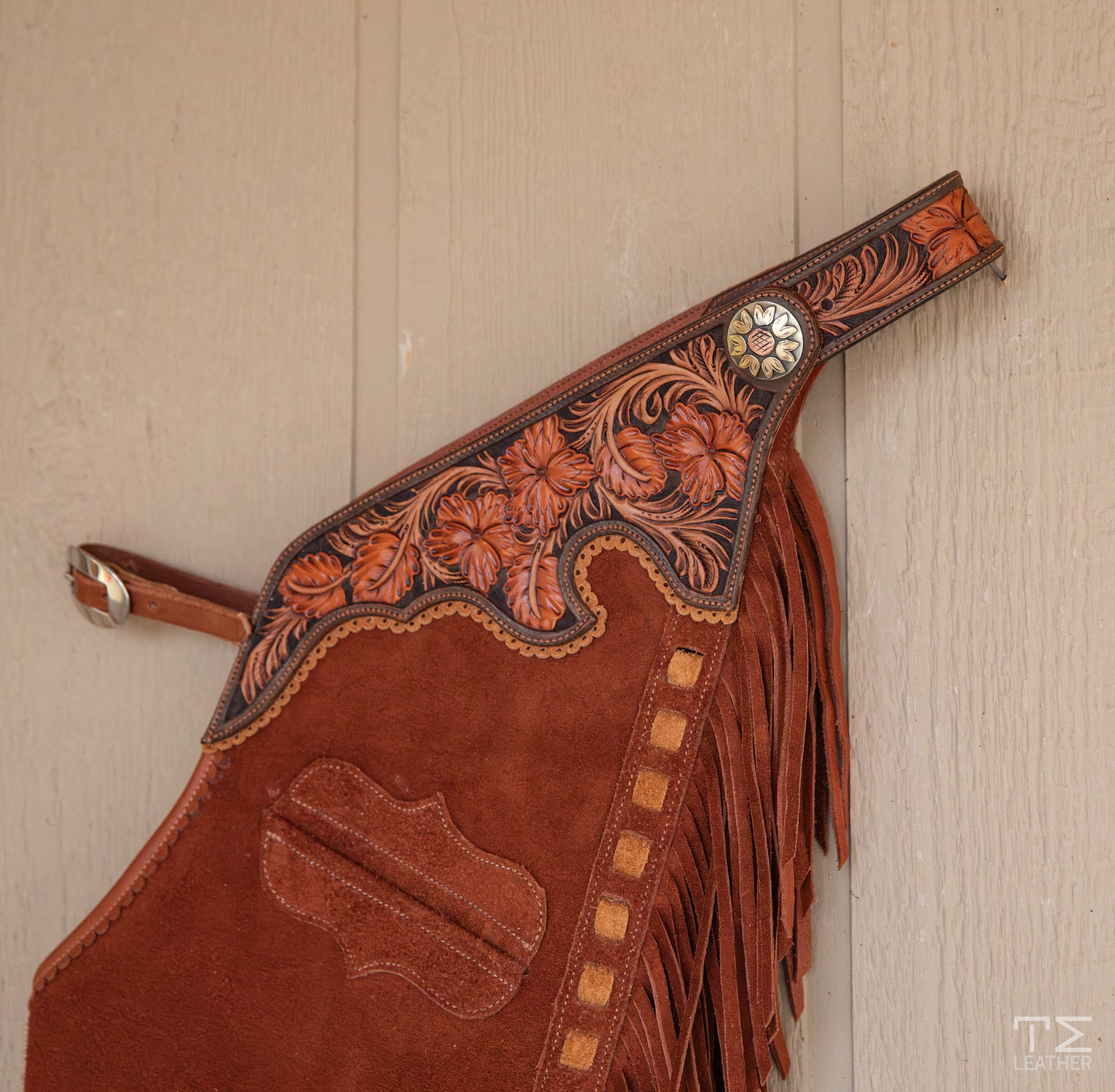Rust Roughout Chaps w/ Chocolate, Medium Brown, & Rust Floral Yokes and Pocket