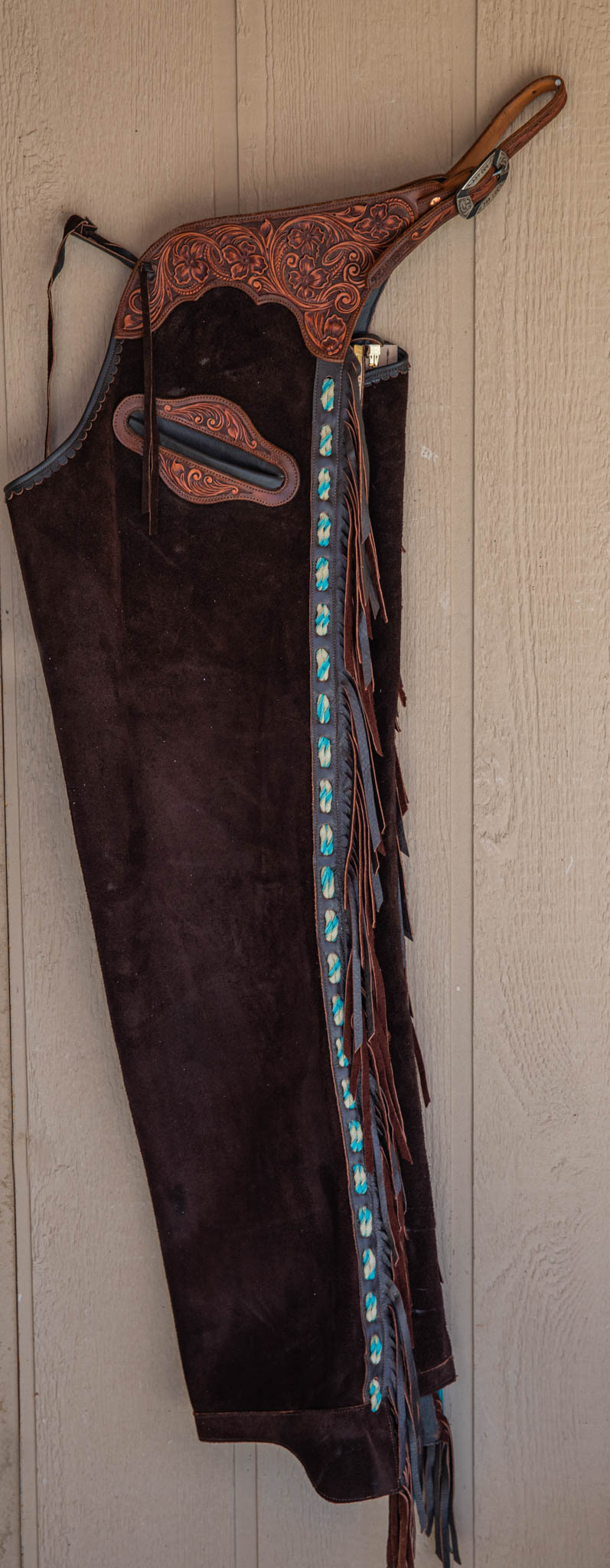 Chocolate Roughout Chaps w/ Walnut & Medium Brown Floral Yokes and Pocket