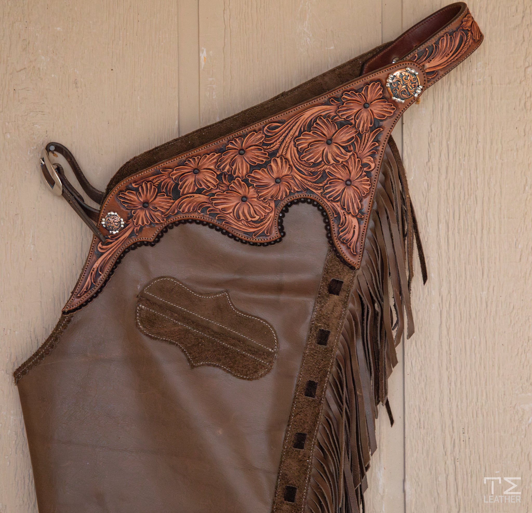 Taupe Smooth-out Chaps w/ Black, Lt. Brown & Walnut Floral Yokes & Pocket