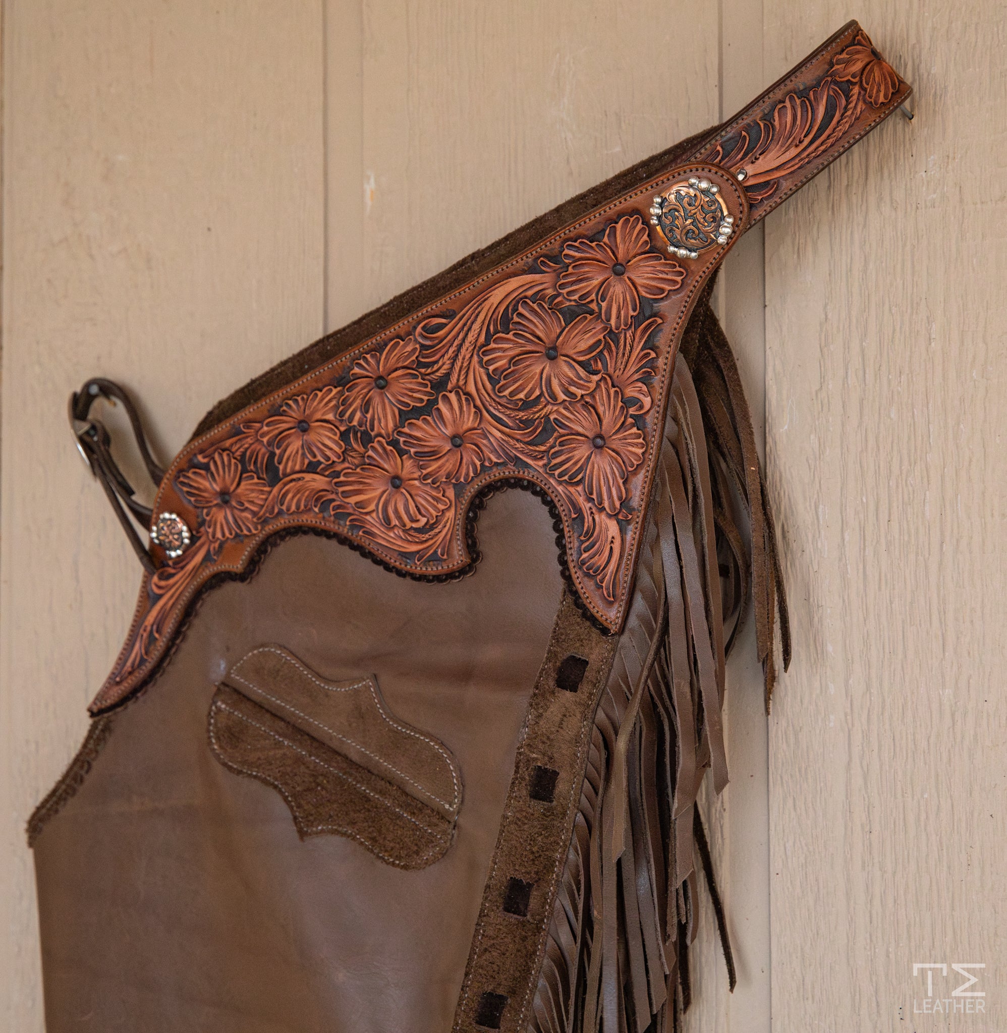 Taupe Smooth-out Chaps w/ Black, Lt. Brown & Walnut Floral Yokes & Pocket