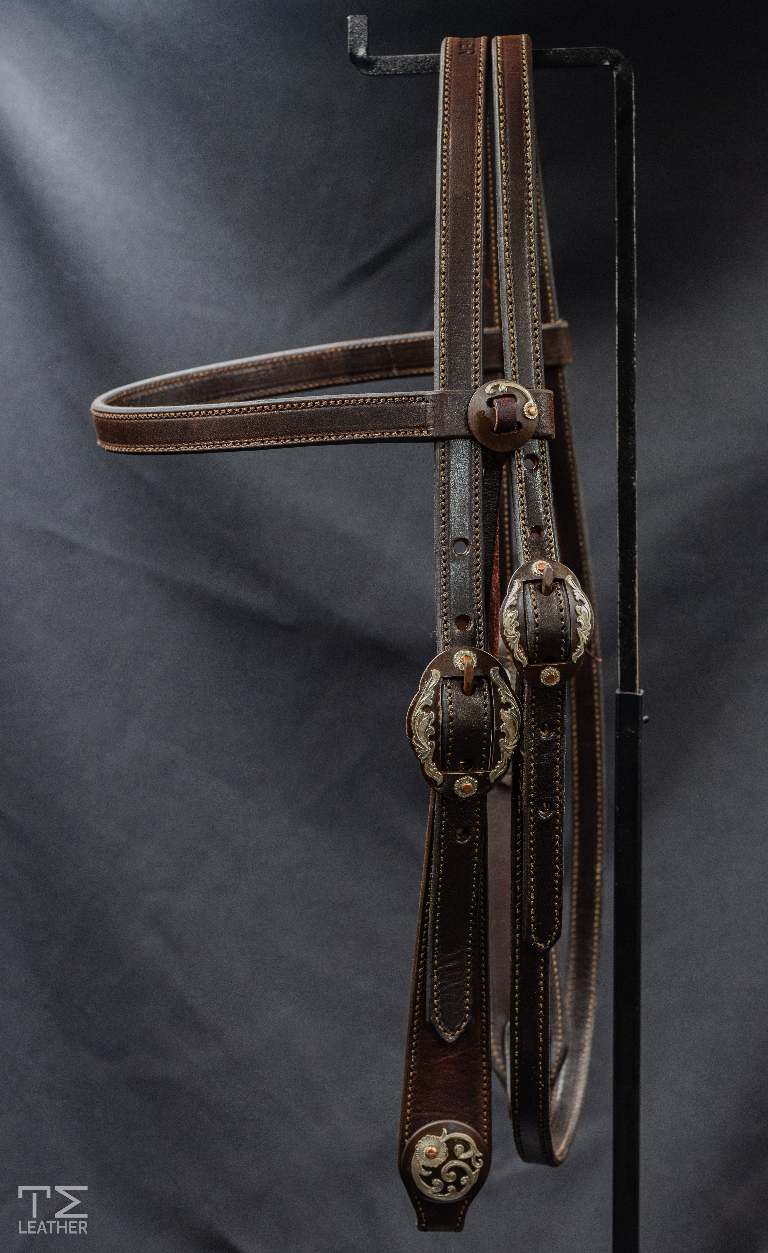 English Bridle Browband w/ Browned Oval Floral/Copper Buckle & Matching Conchos