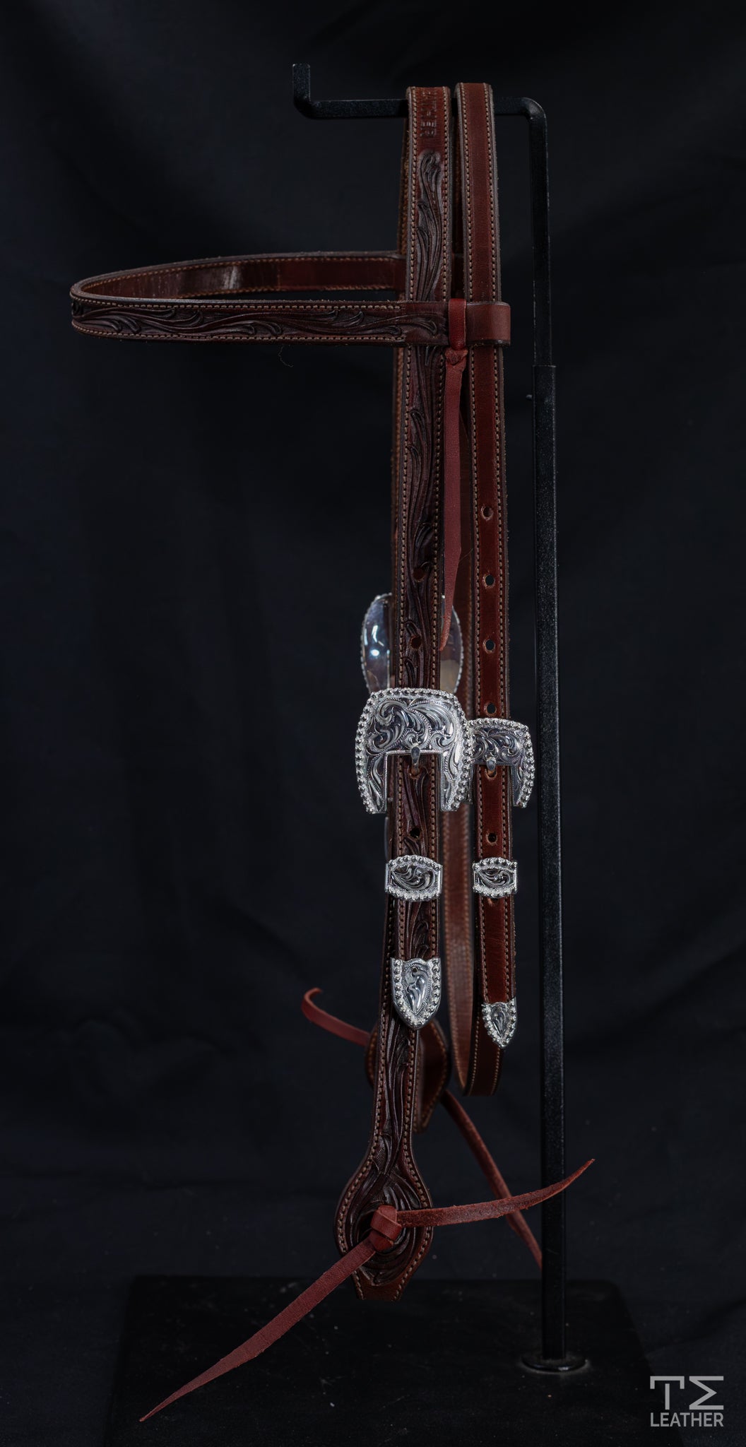 Browband Mahogany Floral w/ Engraved Silver Plated Hardware & Berry Edges