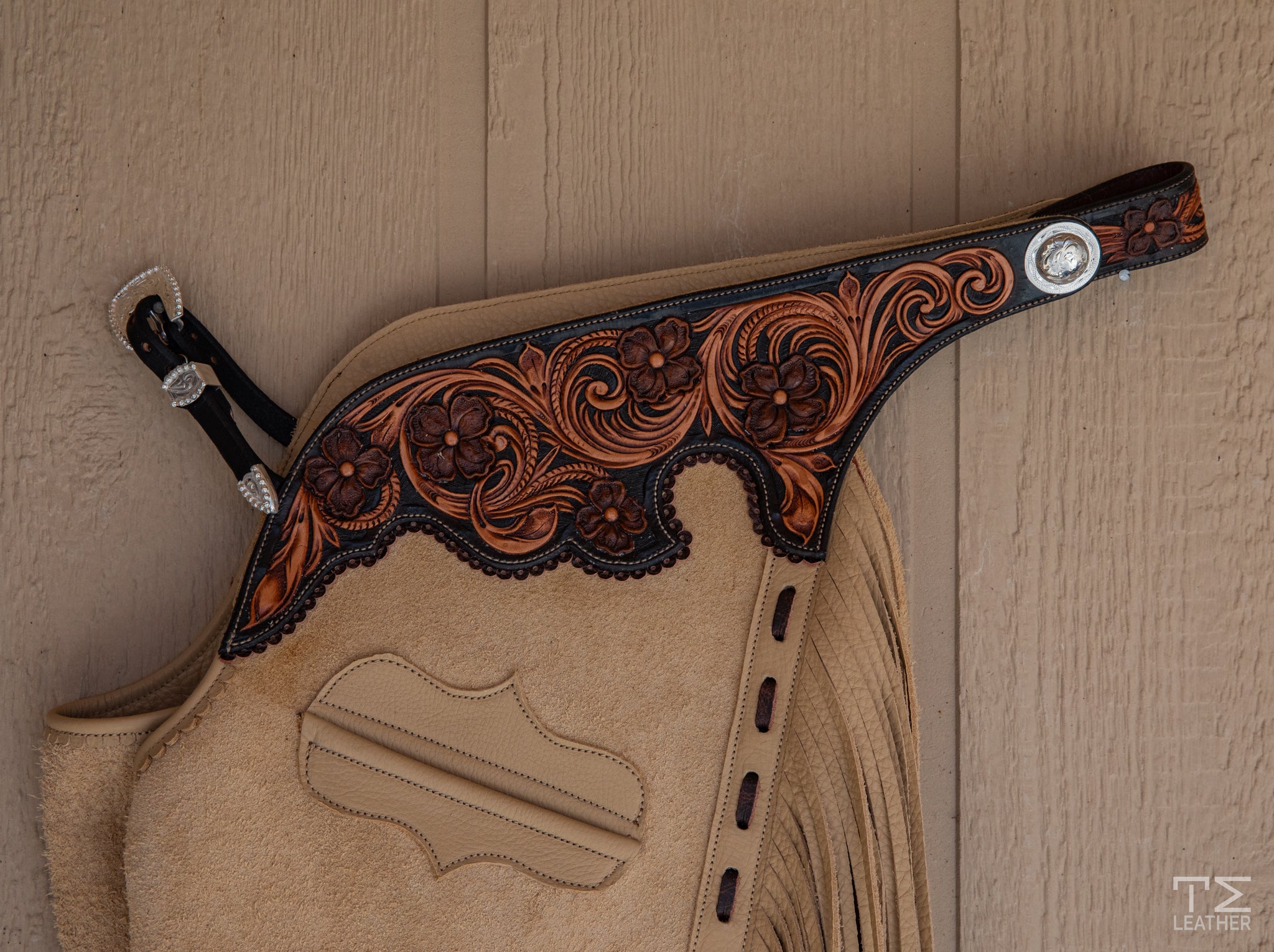 Butter Roughout Chaps w/ Black & Light Brown Floral Yokes w/ Brown Accents