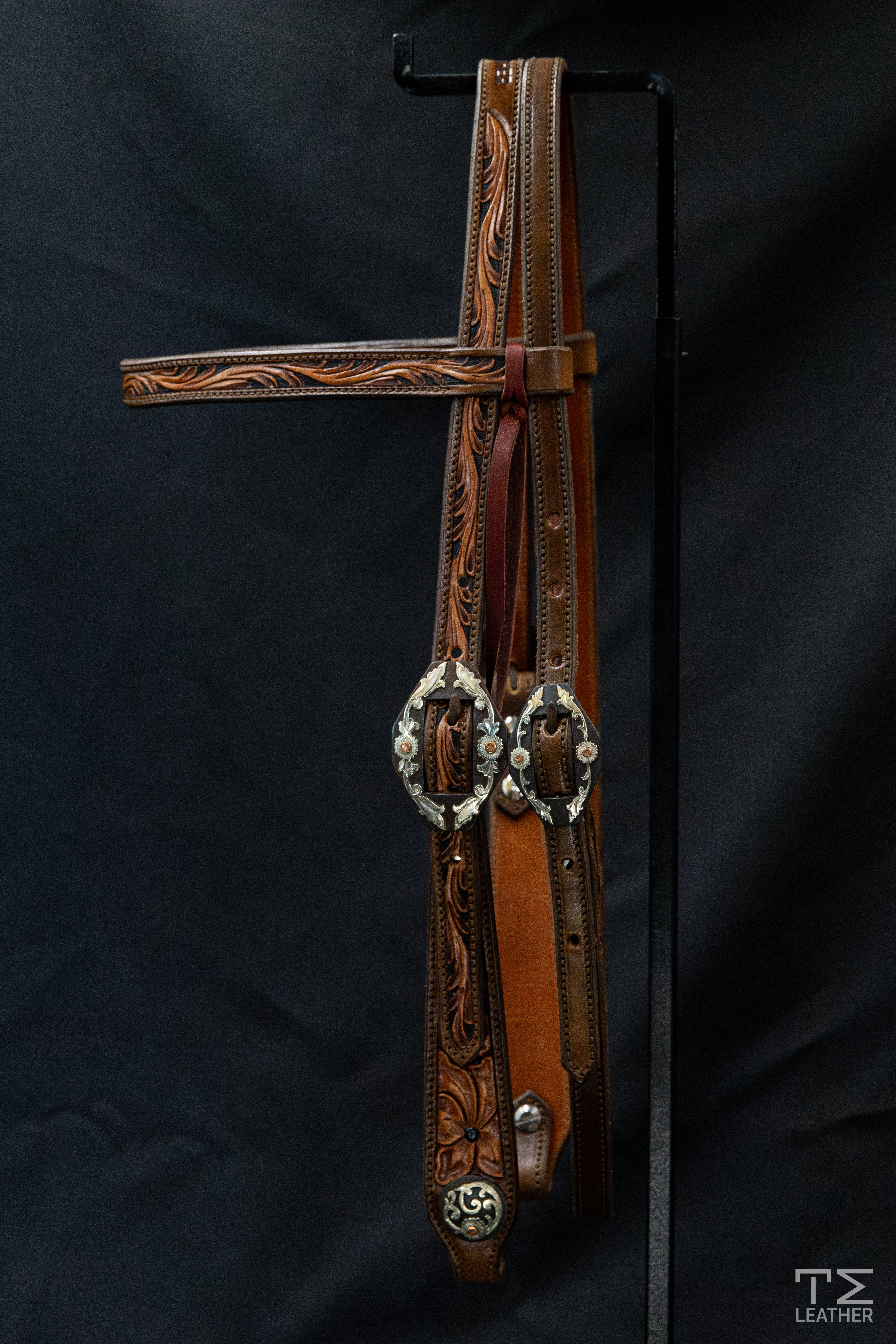 Browband Chocolate, Light Brown, & Black Floral w/ TM Leather Browned Diamond Floral Buckle w/ Copper Accents & Matching Conchos