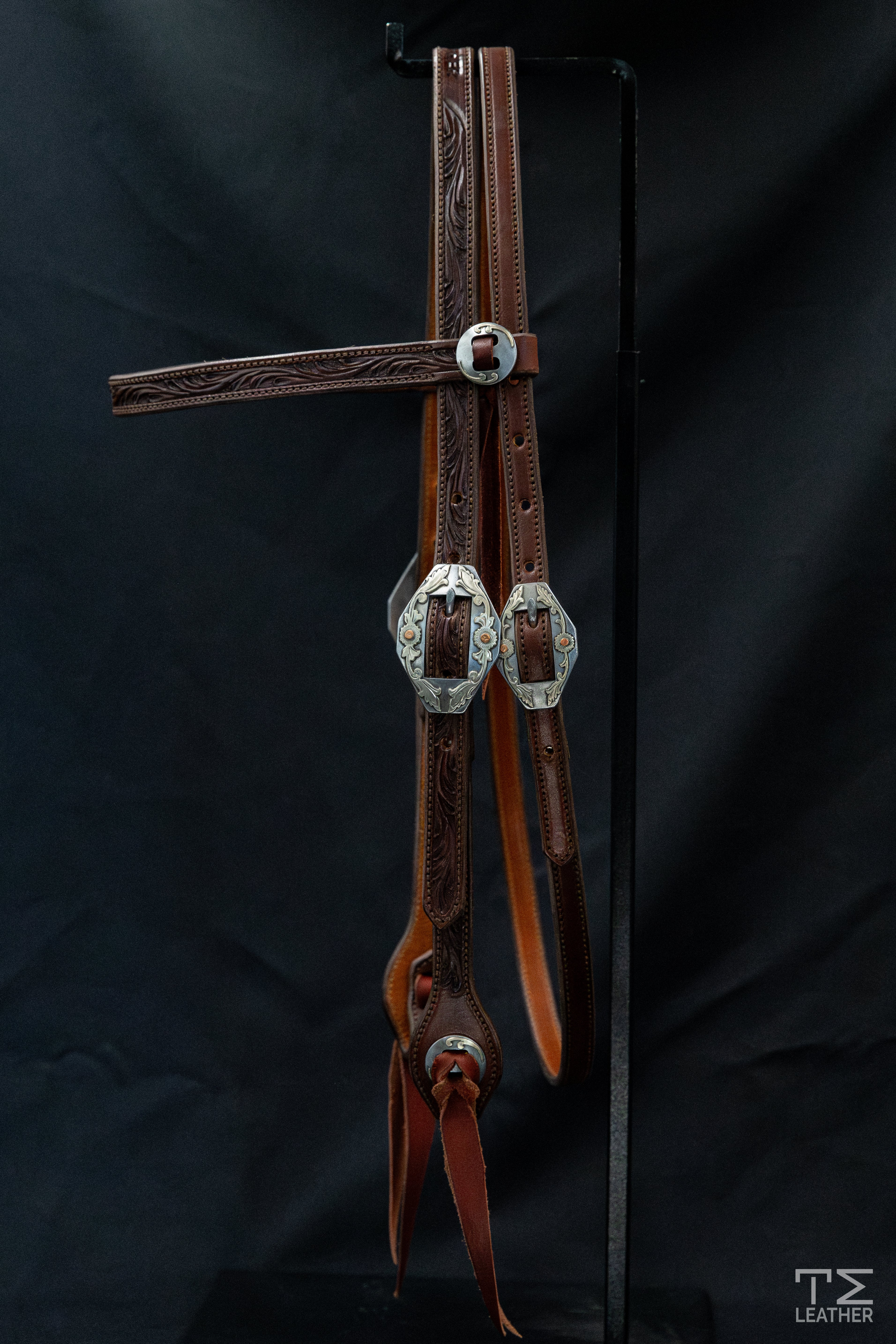 Browband Mahogany Floral w/ TM Leather Silver Diamond Floral Buckle w/ Copper Accents & Matching Conchos