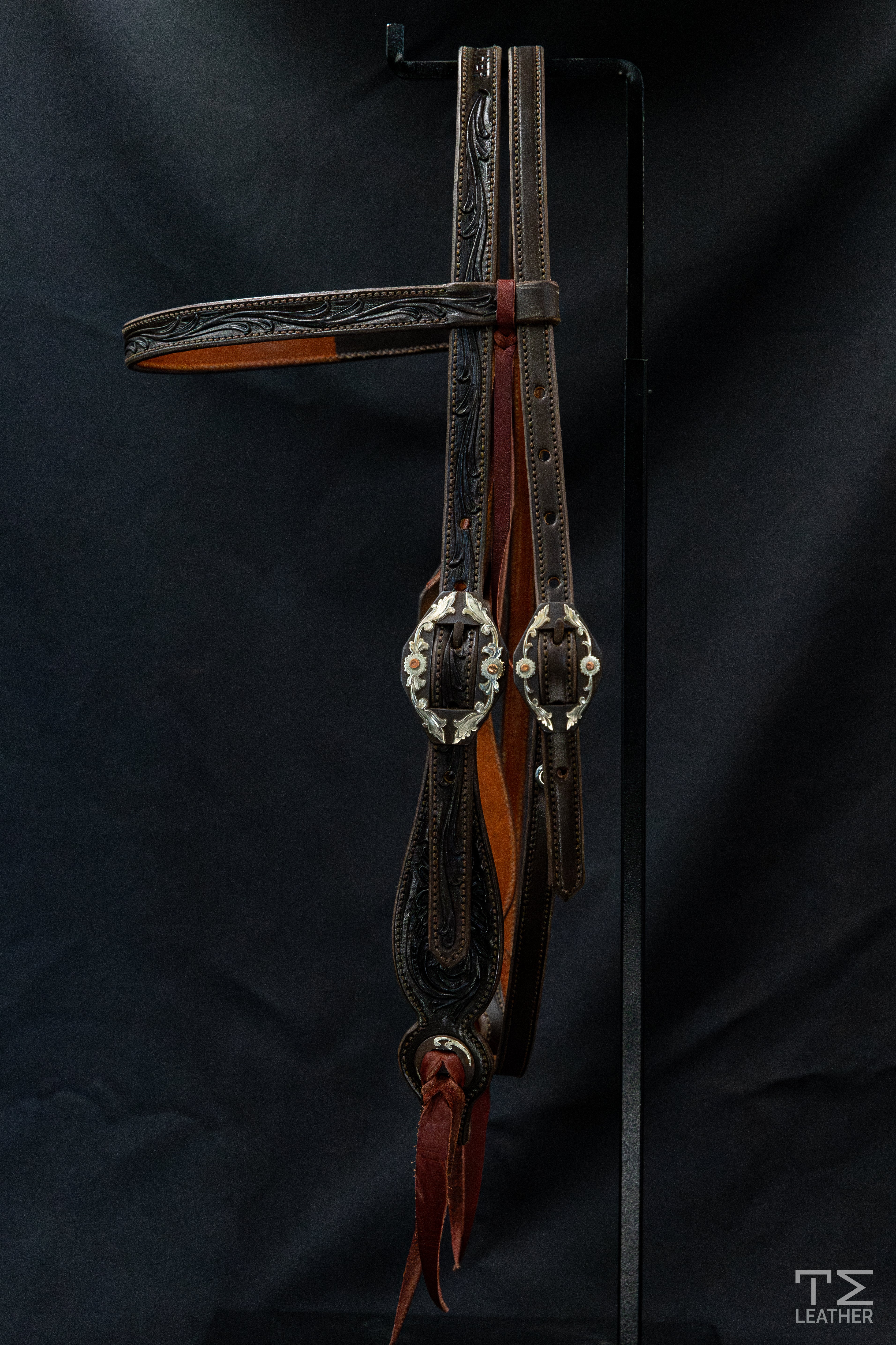 Browband Chocolate Floral w/ TM Leather Browned Diamond Floral Buckle w/ Copper Accents & Matching Conchos