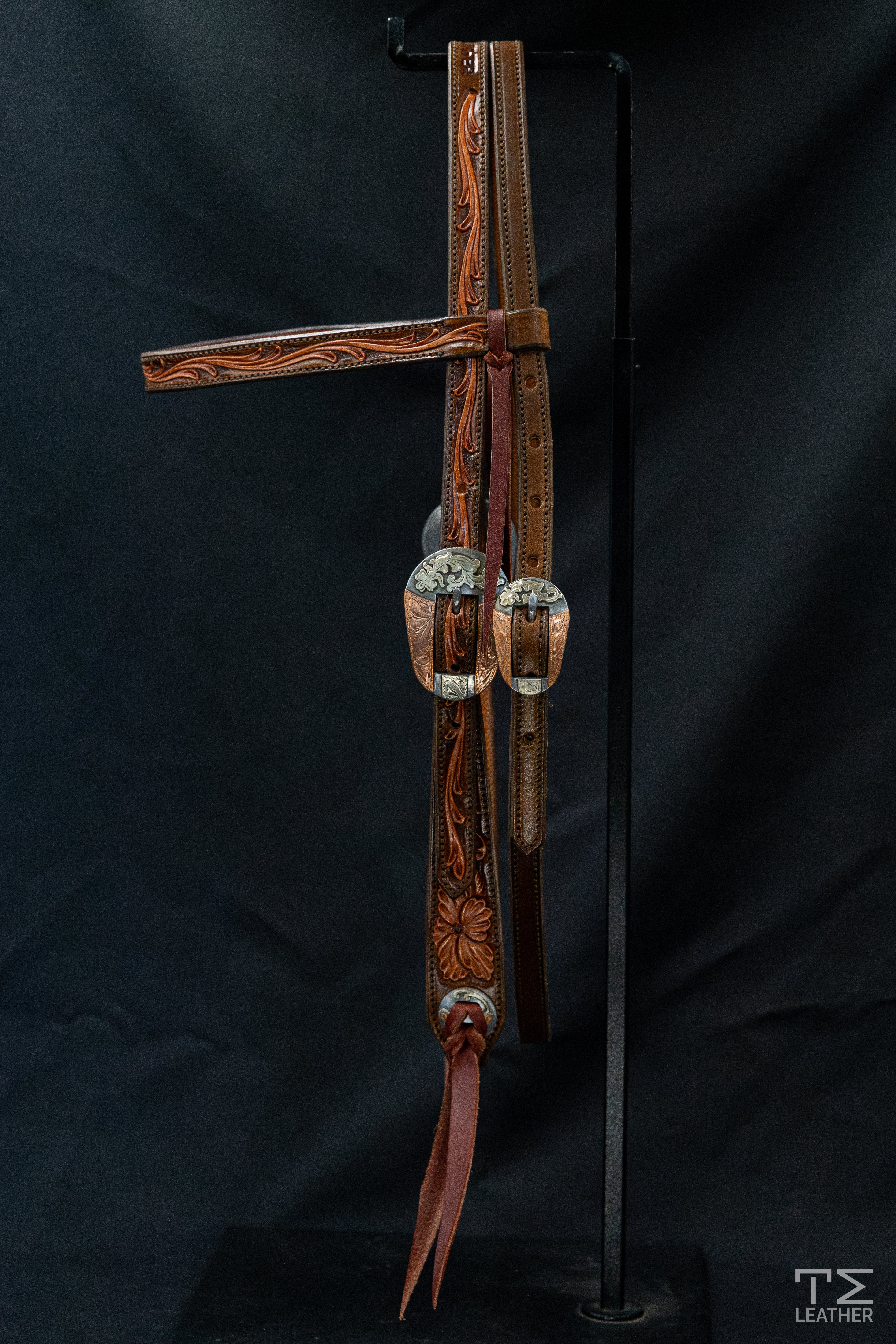 Browband Brown & Light Brown Floral w/ TM Leather Silver Tapered Oval Floral Buckle & Matching Conchos