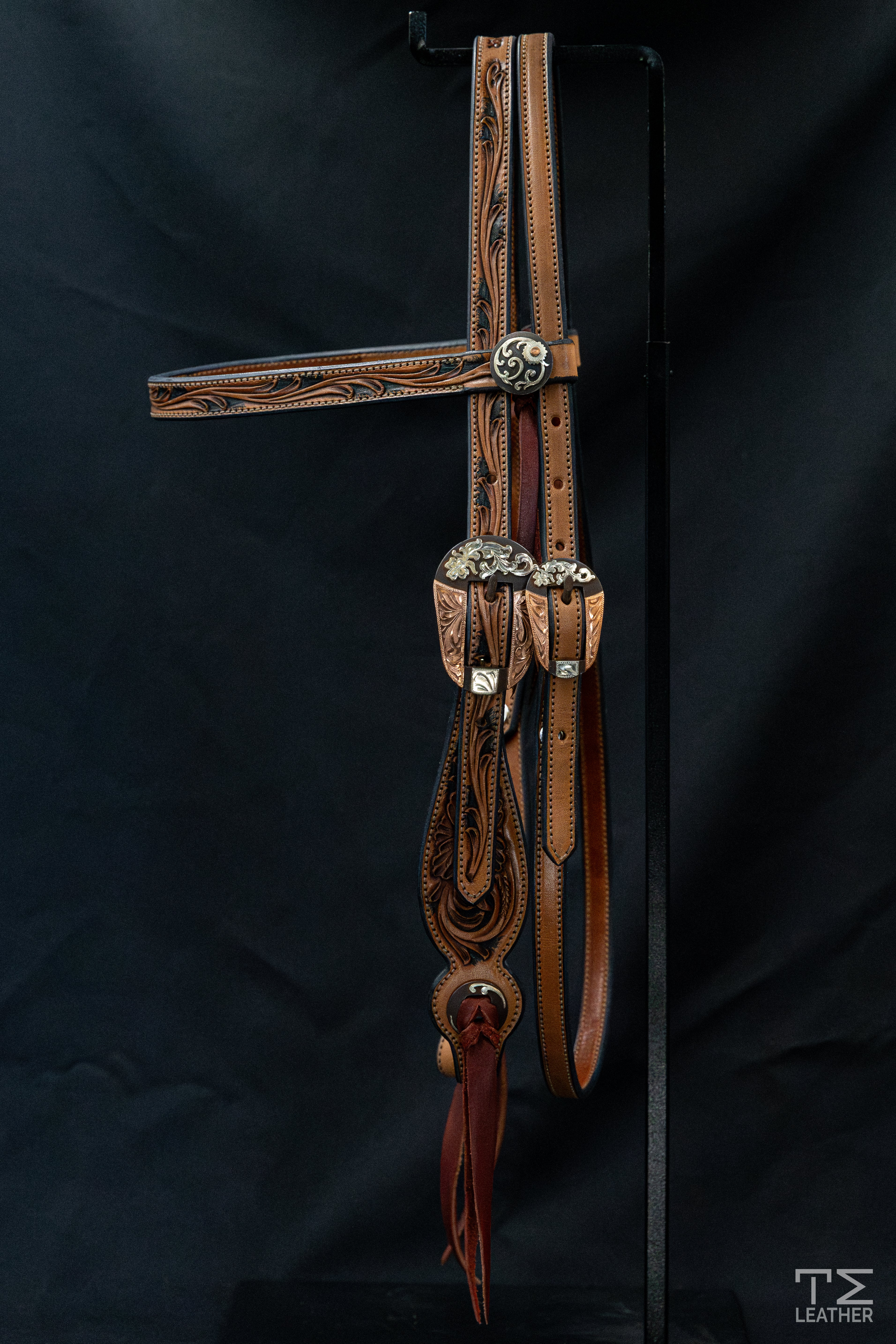 Browband Saddle Tan & Black Floral w/ TM Leather Browned Tapered Oval Floral Buckle & Matching Conchos