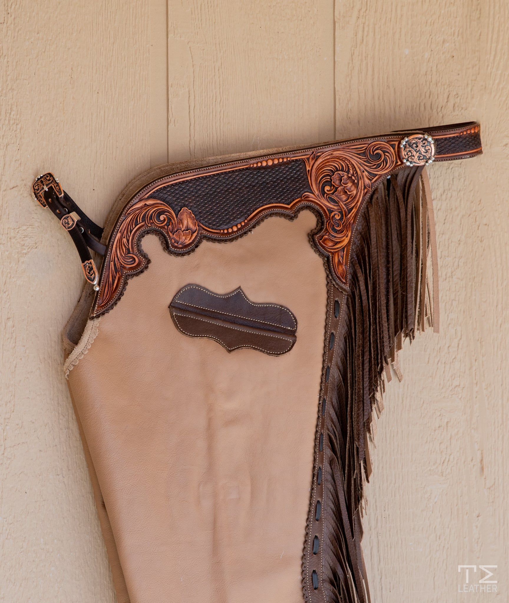 Sand Smoothout Chaps w/ Brown & Light Brown Two Toned Floral Yokes w/ Diamond Stamp Accents