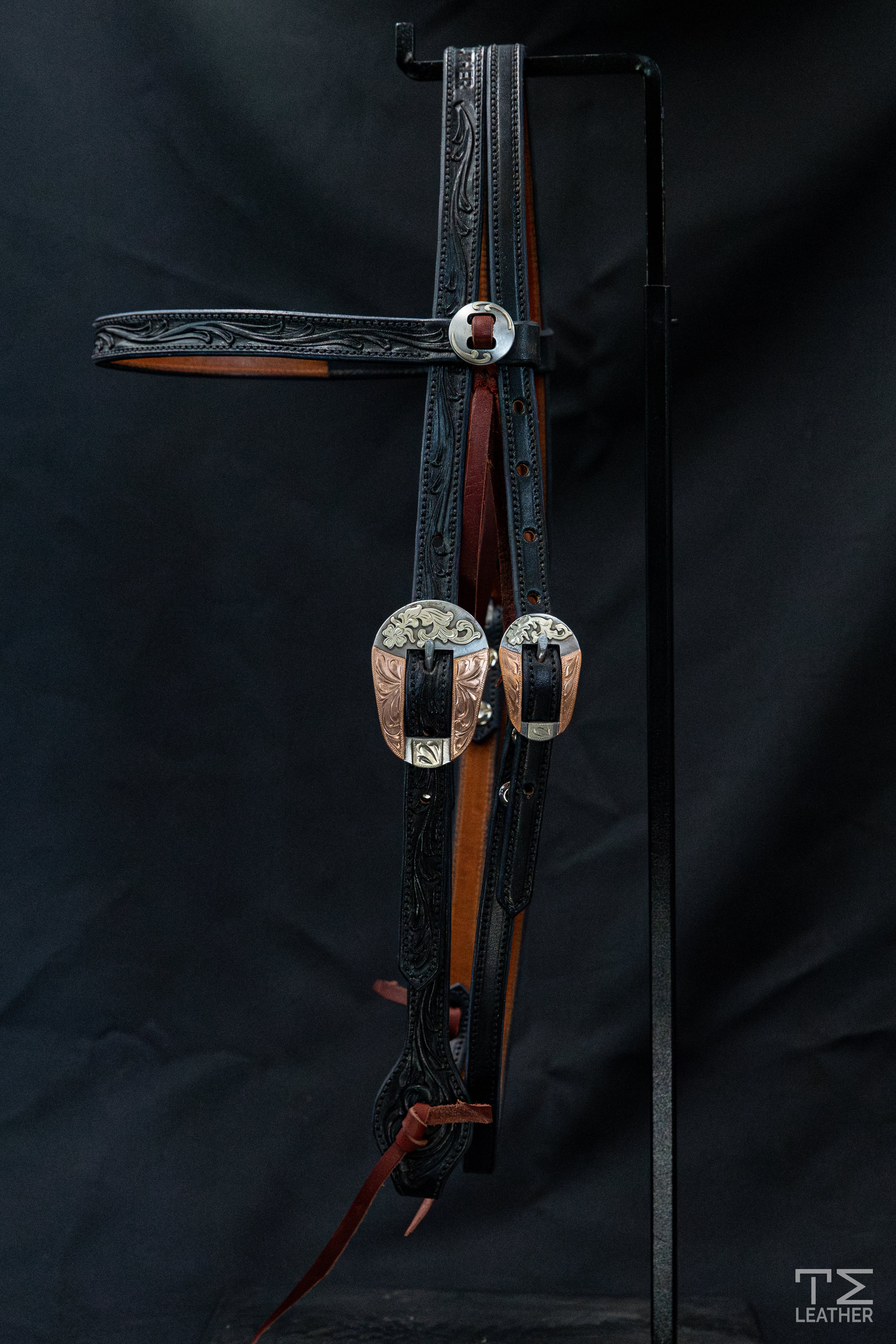 Browband Black Floral w/ TM Leather Silver Tapered Oval Floral Buckle & Matching Conchos