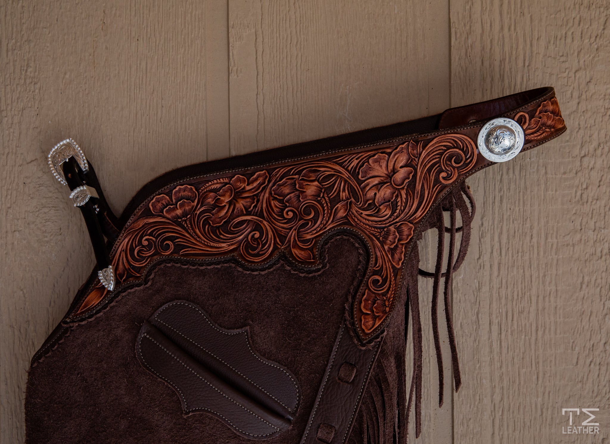 Cocoa Roughout Chaps w/ Brown & Light Brown Two Toned Floral Yokes