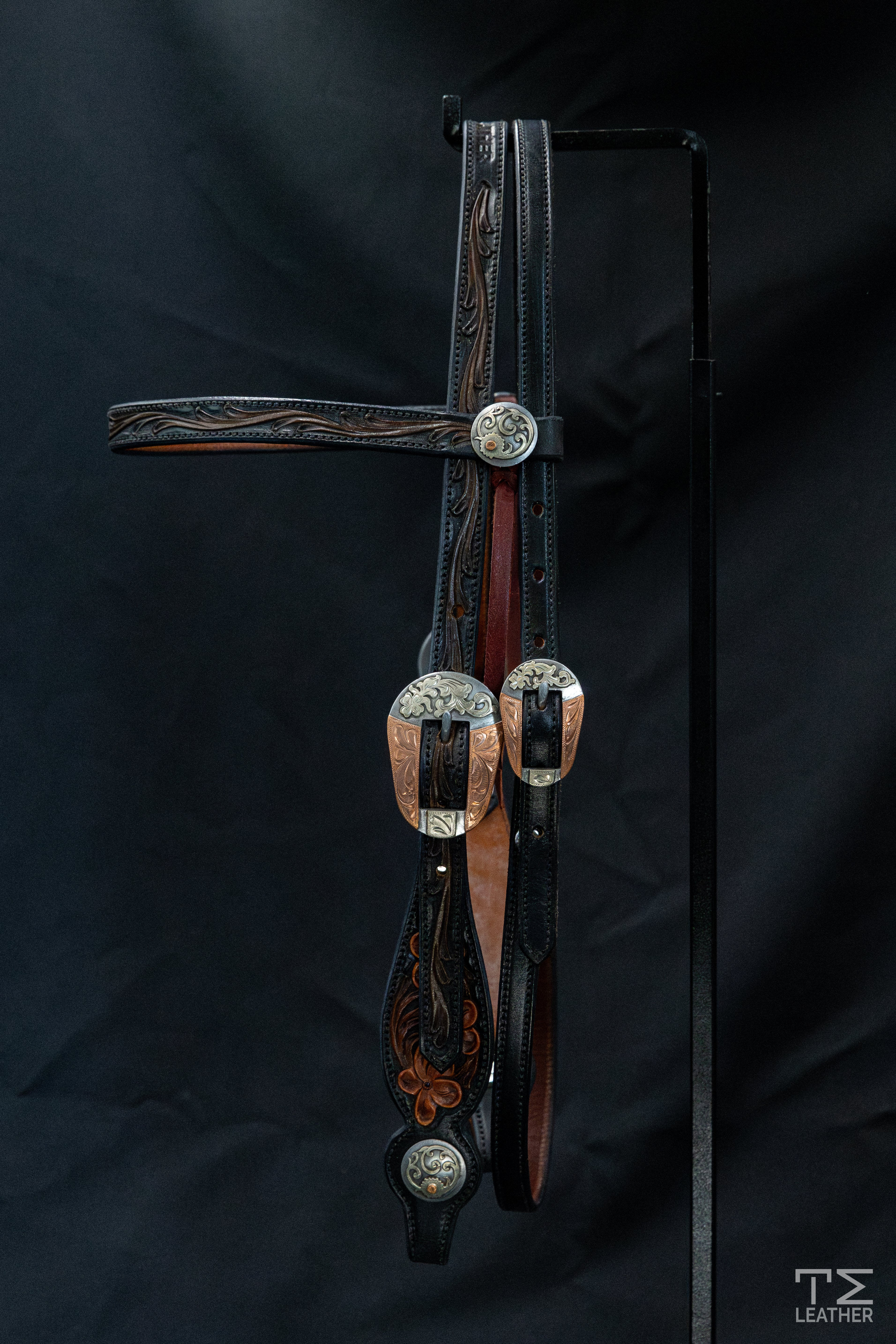 Browband Black, Chocolate & Walnut Floral w/ TM Leather Silver Tapered Oval Floral Buckle & Matching Conchos