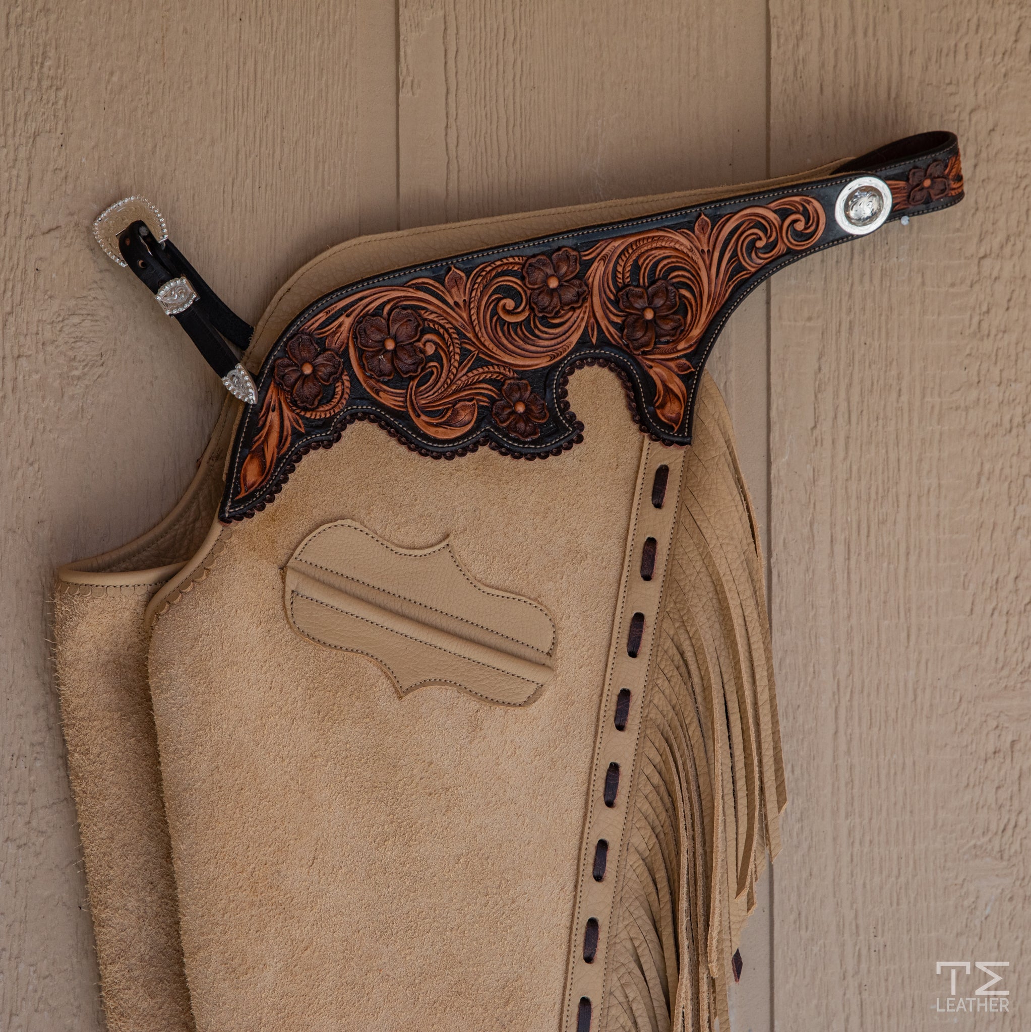 Butter Roughout Chaps w/ Black & Light Brown Floral Yokes w/ Brown Accents