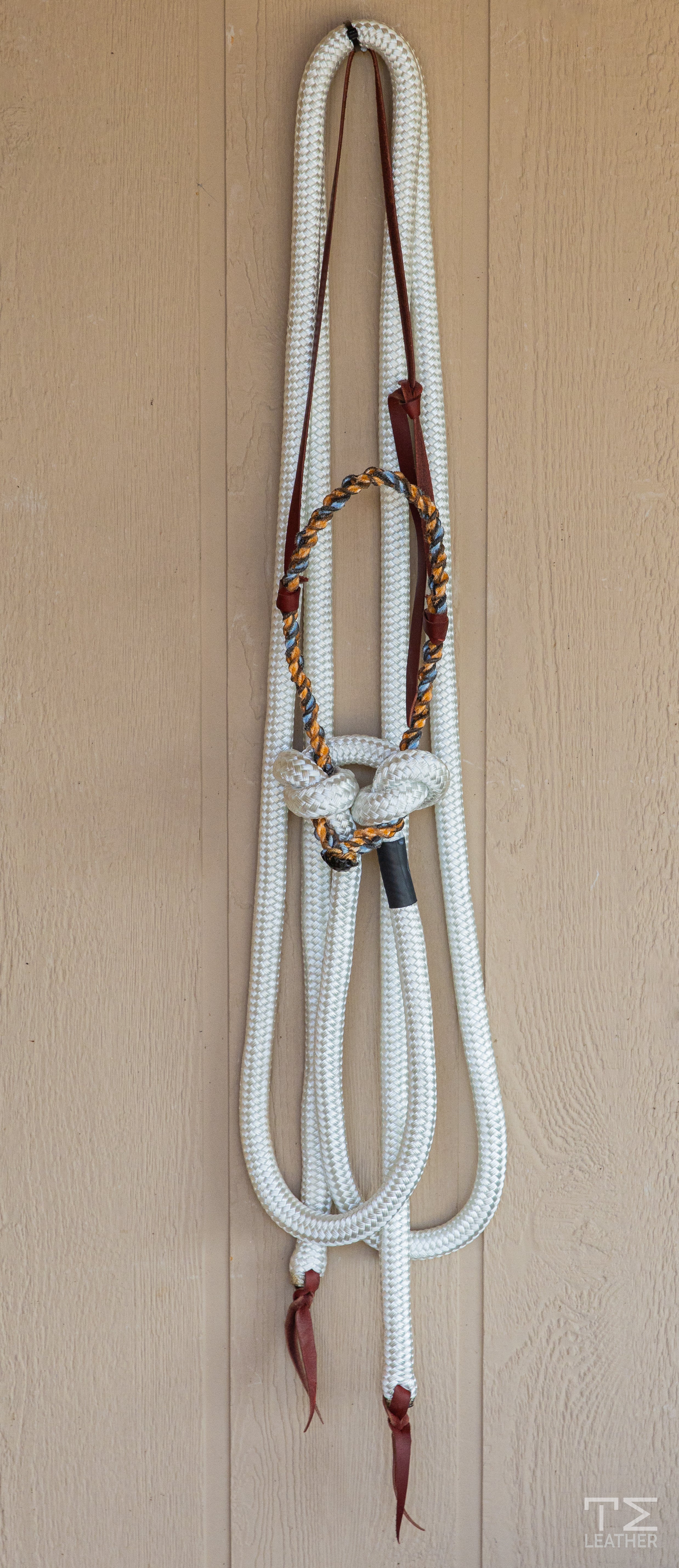 Loping Hackamore Twisted Double Rope Blue & Orange Nose w/ White Split Reins