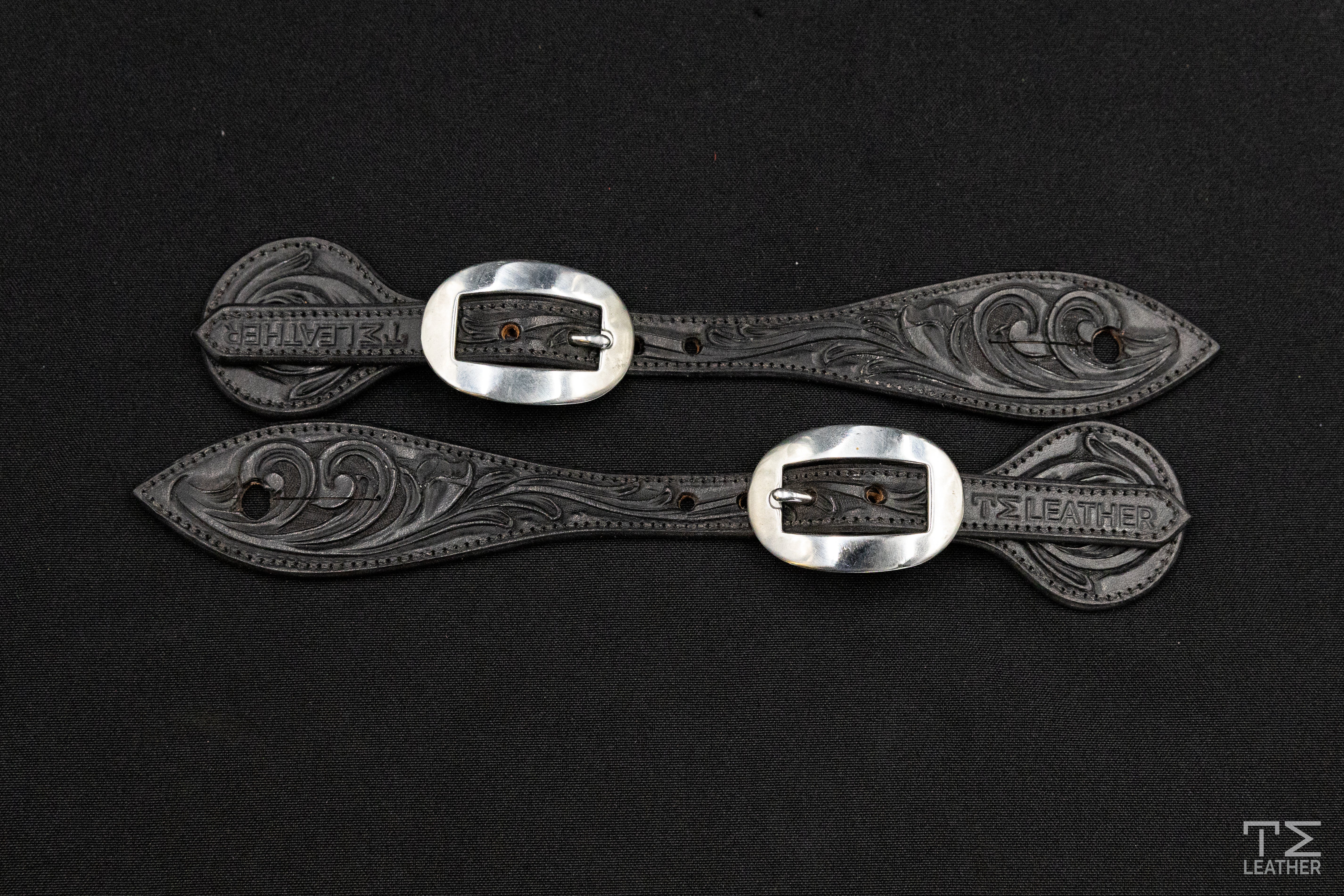 Black Small Floral Spur Straps w/ Plain Buckles