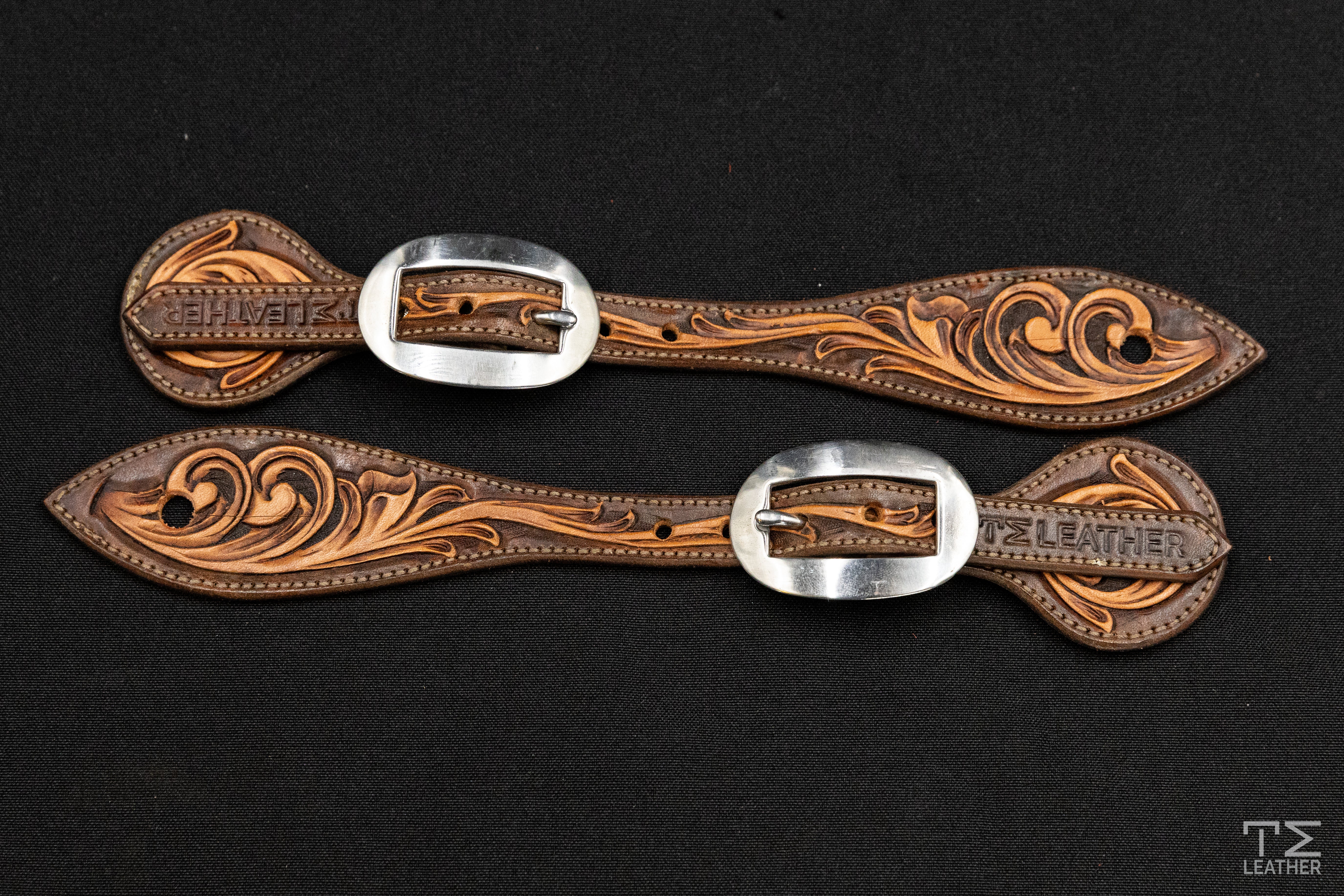 Chocolate & Light Brown Small Floral Spur Straps w/ Plain Buckles