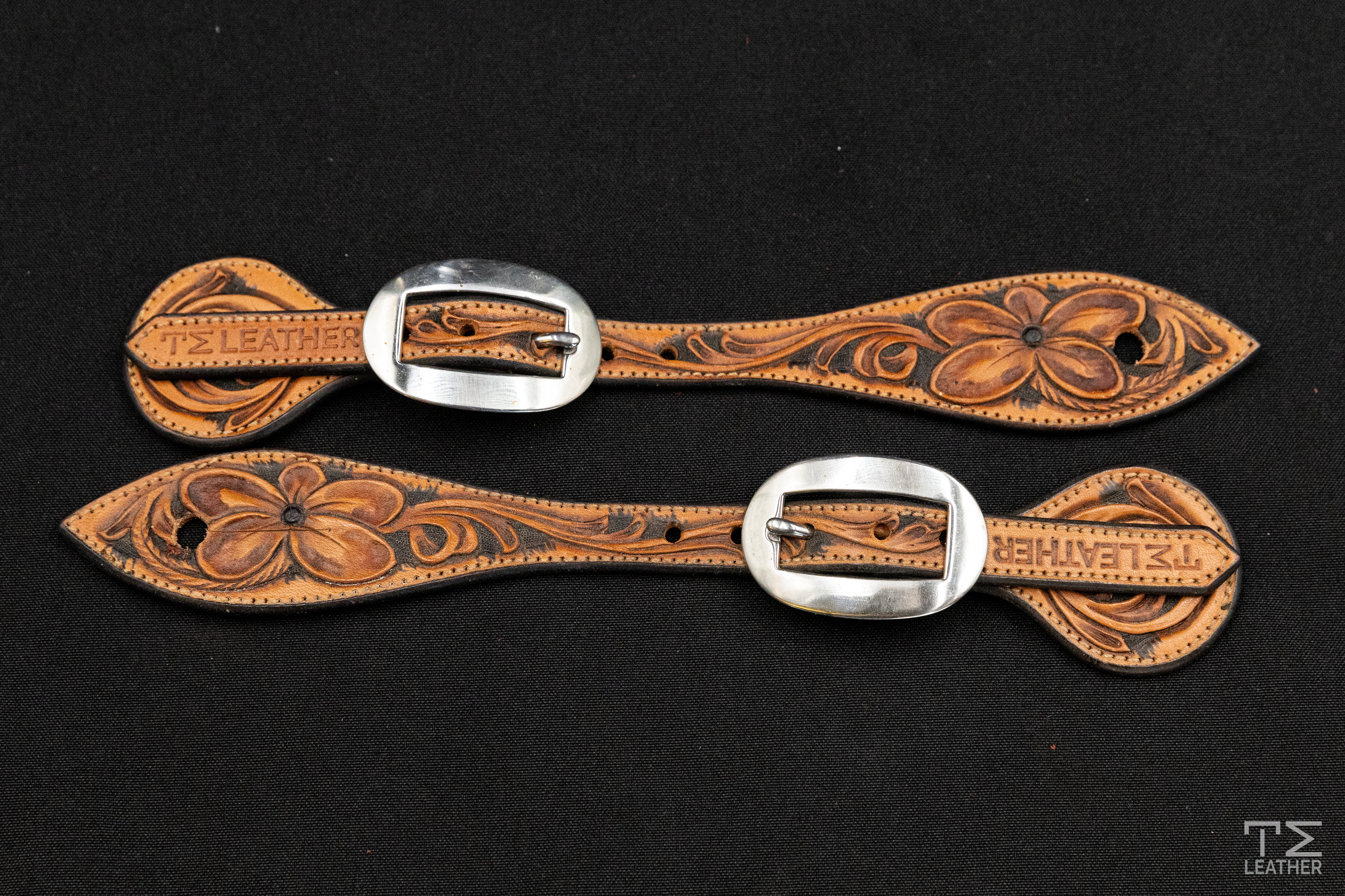 Saddle Tan & Chocolate Small Floral Spur Straps w/ Plain Buckles