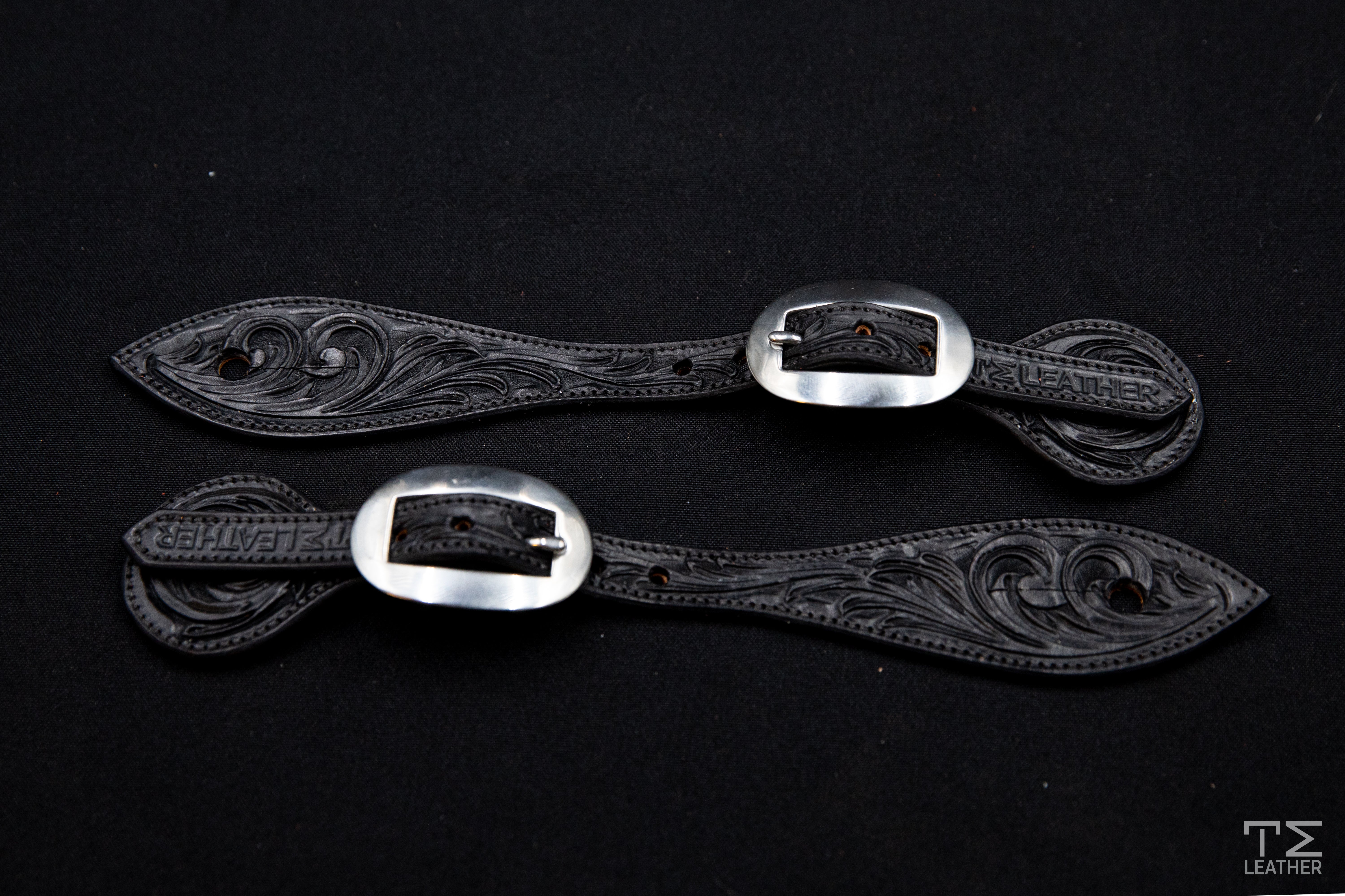 Black Small Floral Spur Straps w/ Plain Buckles