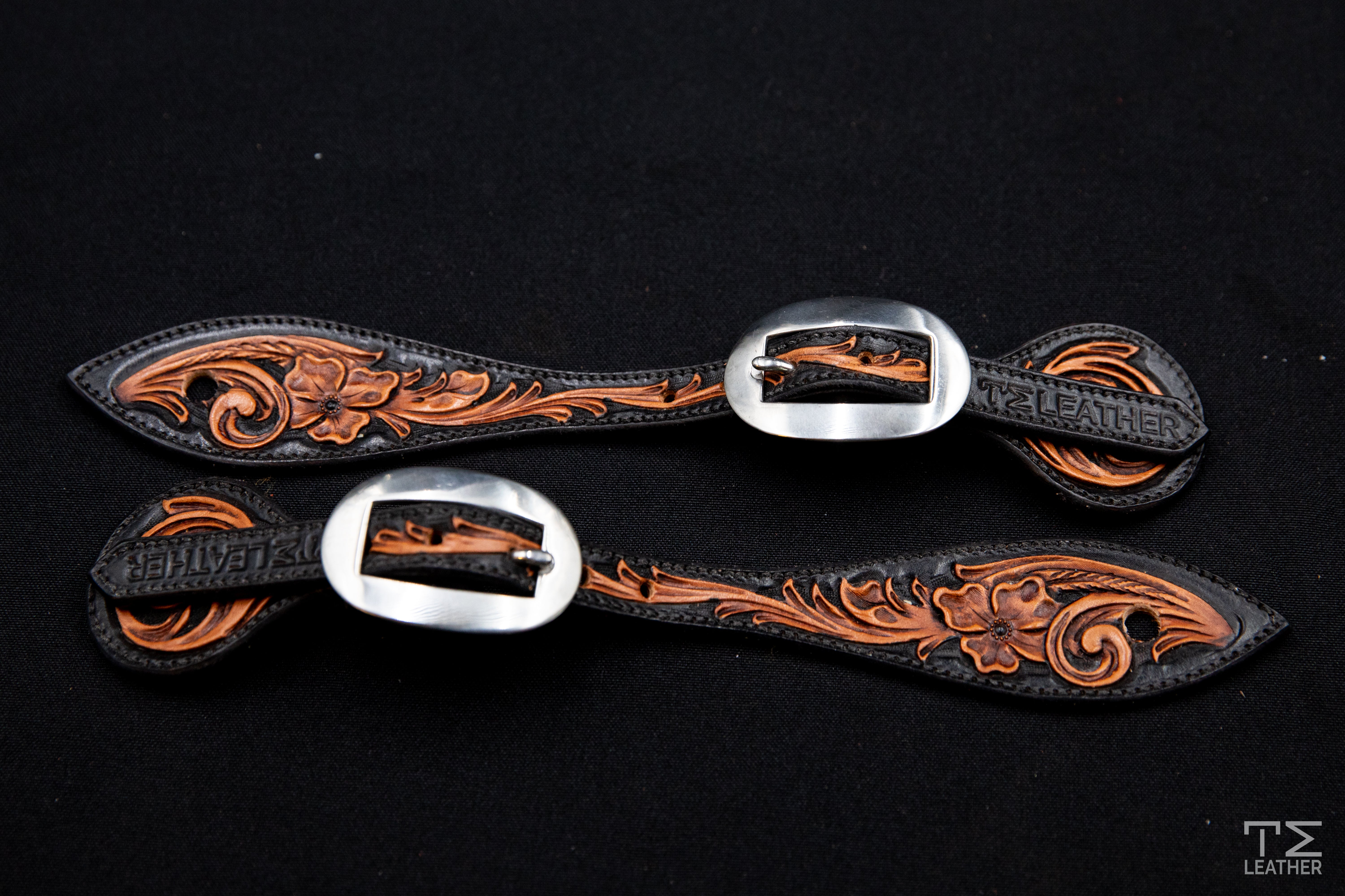 Black & Light Brown Small Floral Spur Straps w/ Plain Buckles