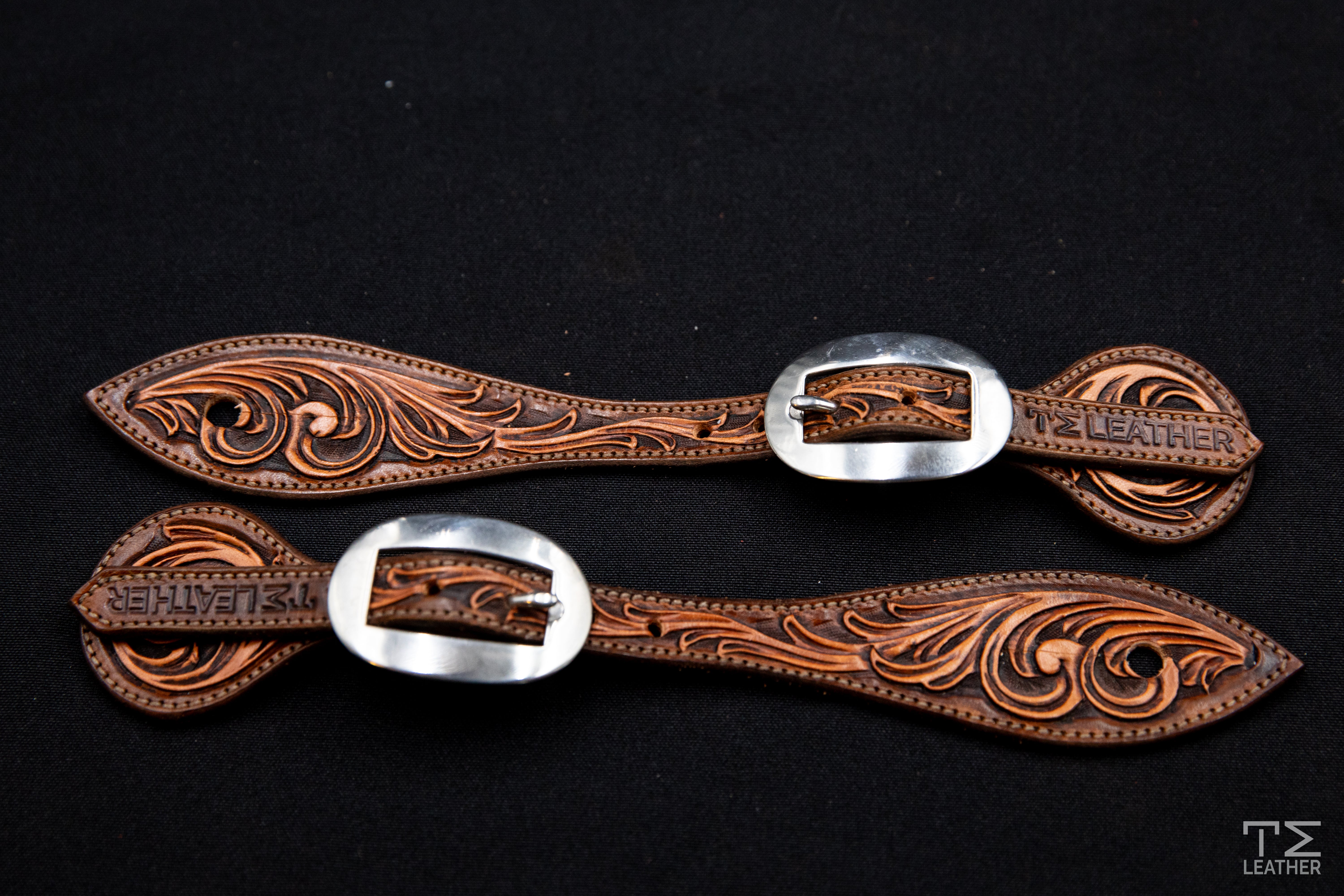 Chocolate, Medium Brown & Light Brown Small Floral Spur Straps w/ Plain Buckles