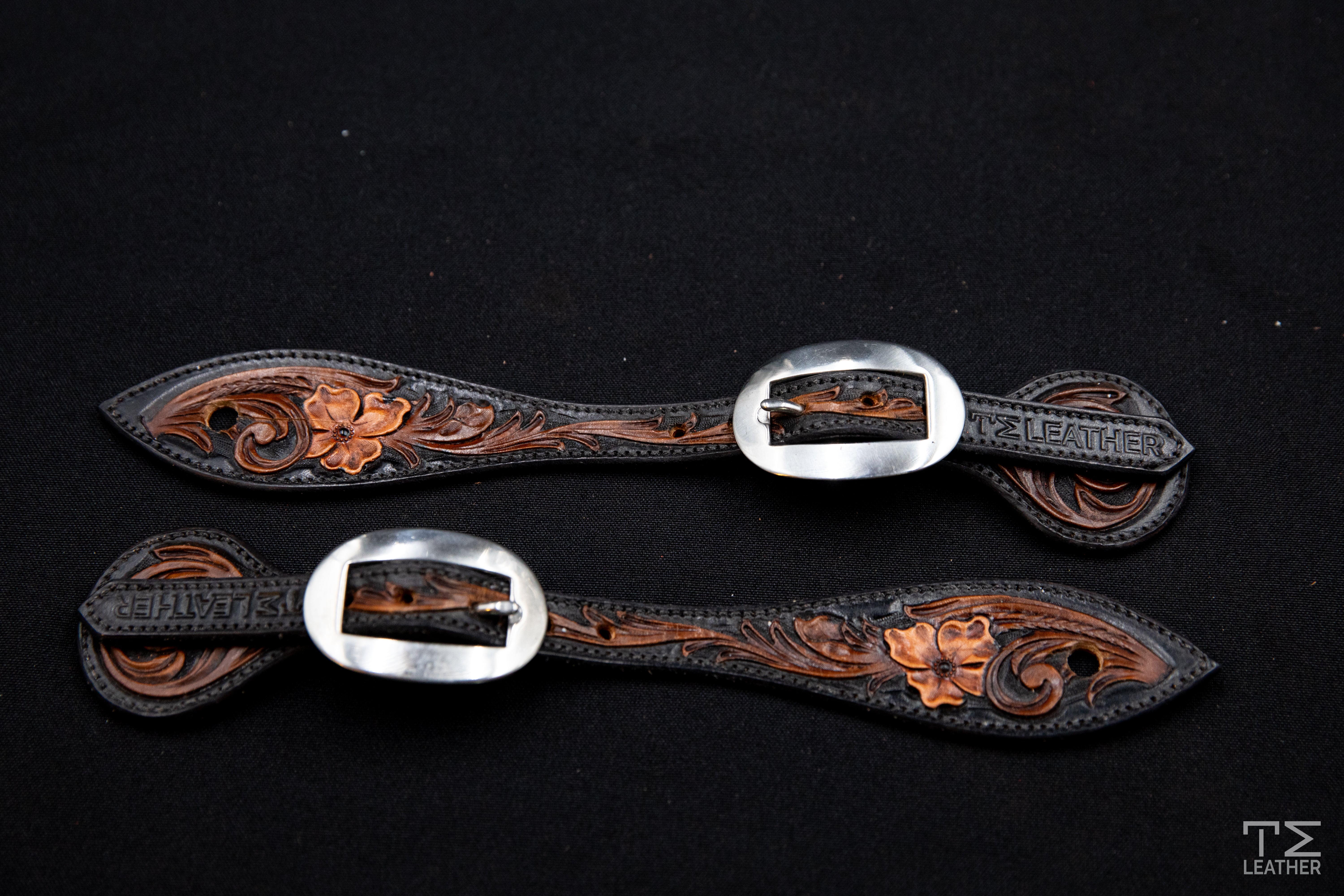 Black, Medium Brown & Light Brown Floral Spur Straps w/ Plain Buckles