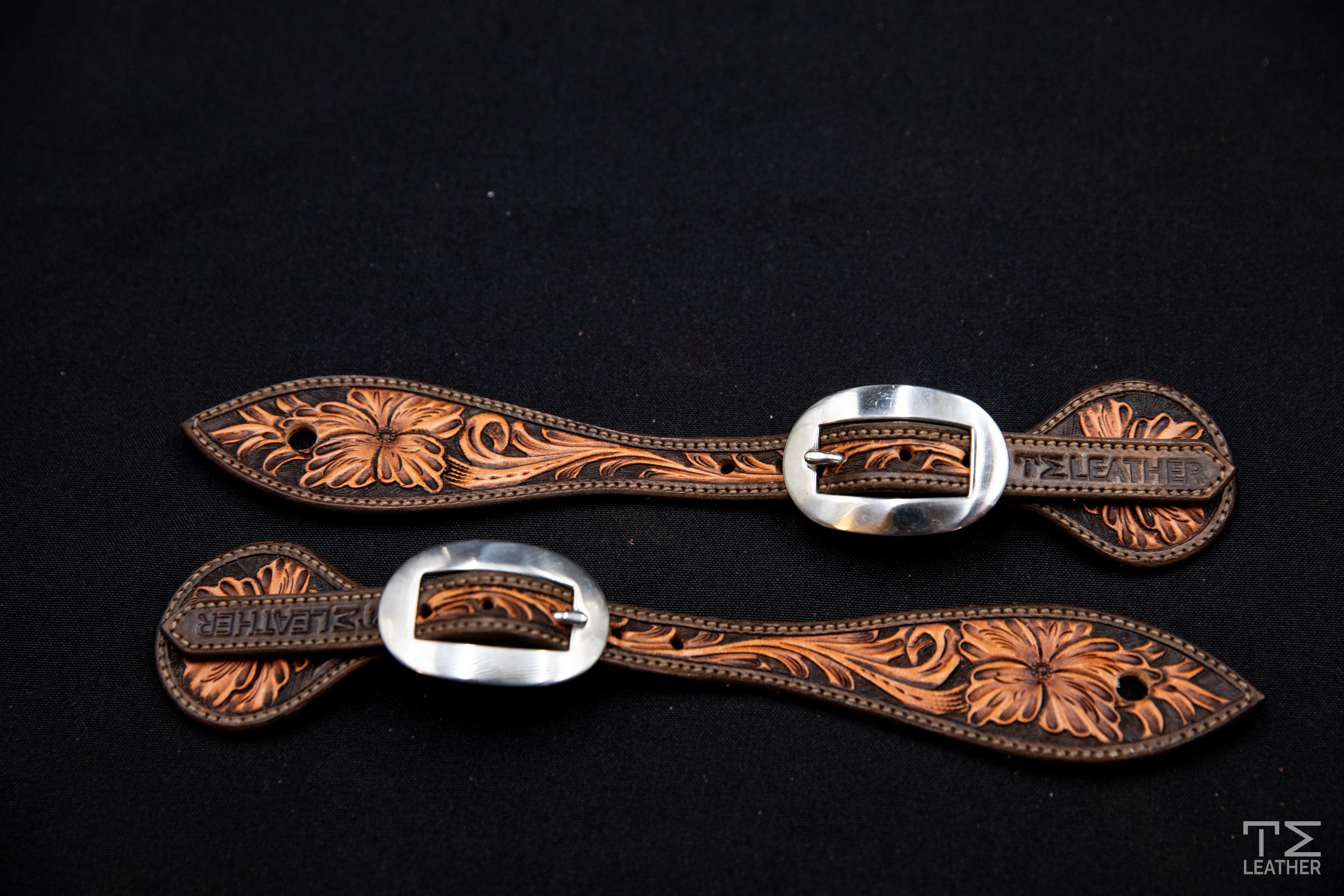 Chocolate & Light Brown Small Floral Spur Straps w/ Plain Buckles