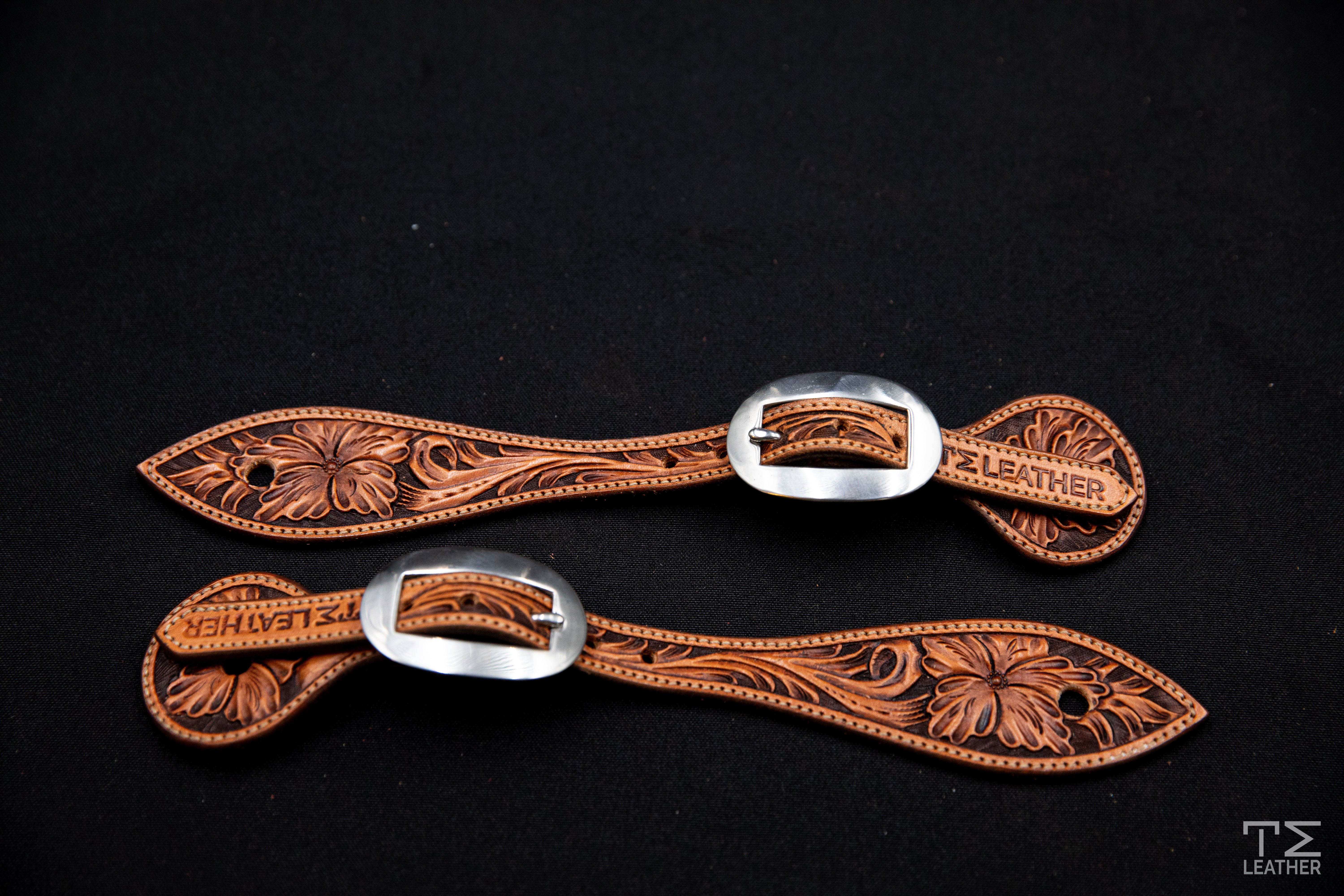 Brown & Light Brown Floral Spur Straps w/ Plain Buckles