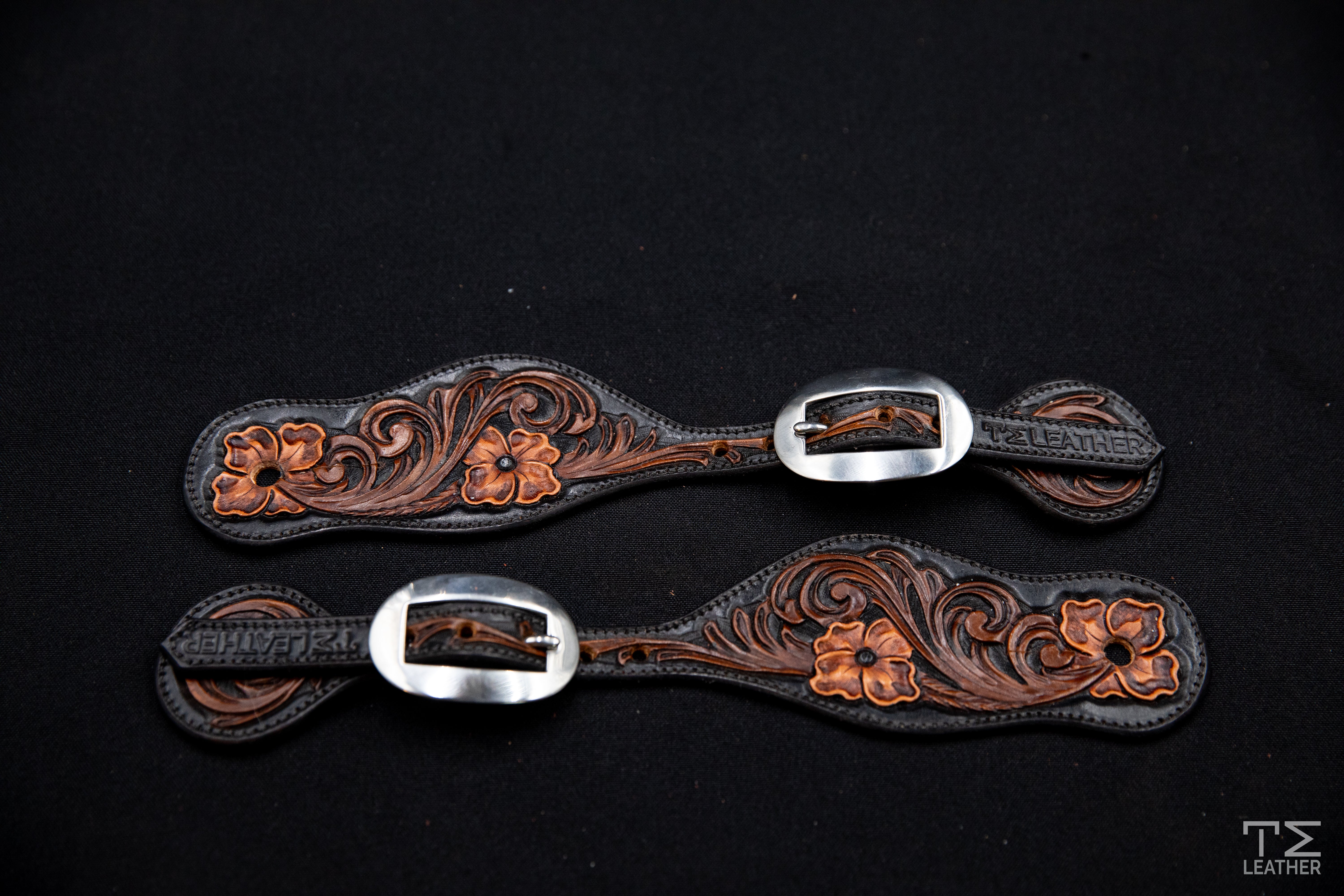 Black, Medium Brown & Light Brown Small Floral Spur Straps w/ Plain Buckles