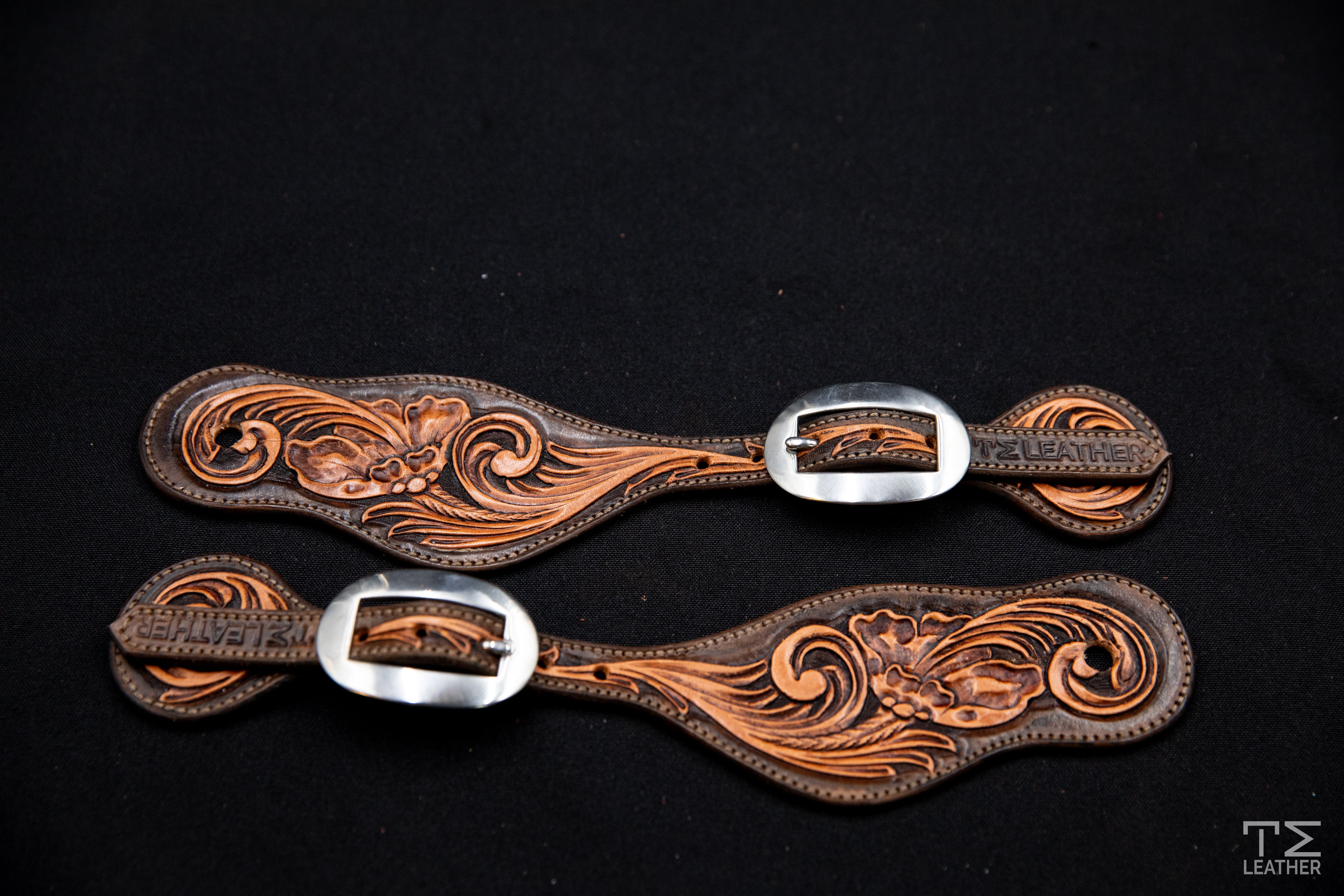 Chocolate & Light Brown Floral Spur Straps w/ Plain Buckles