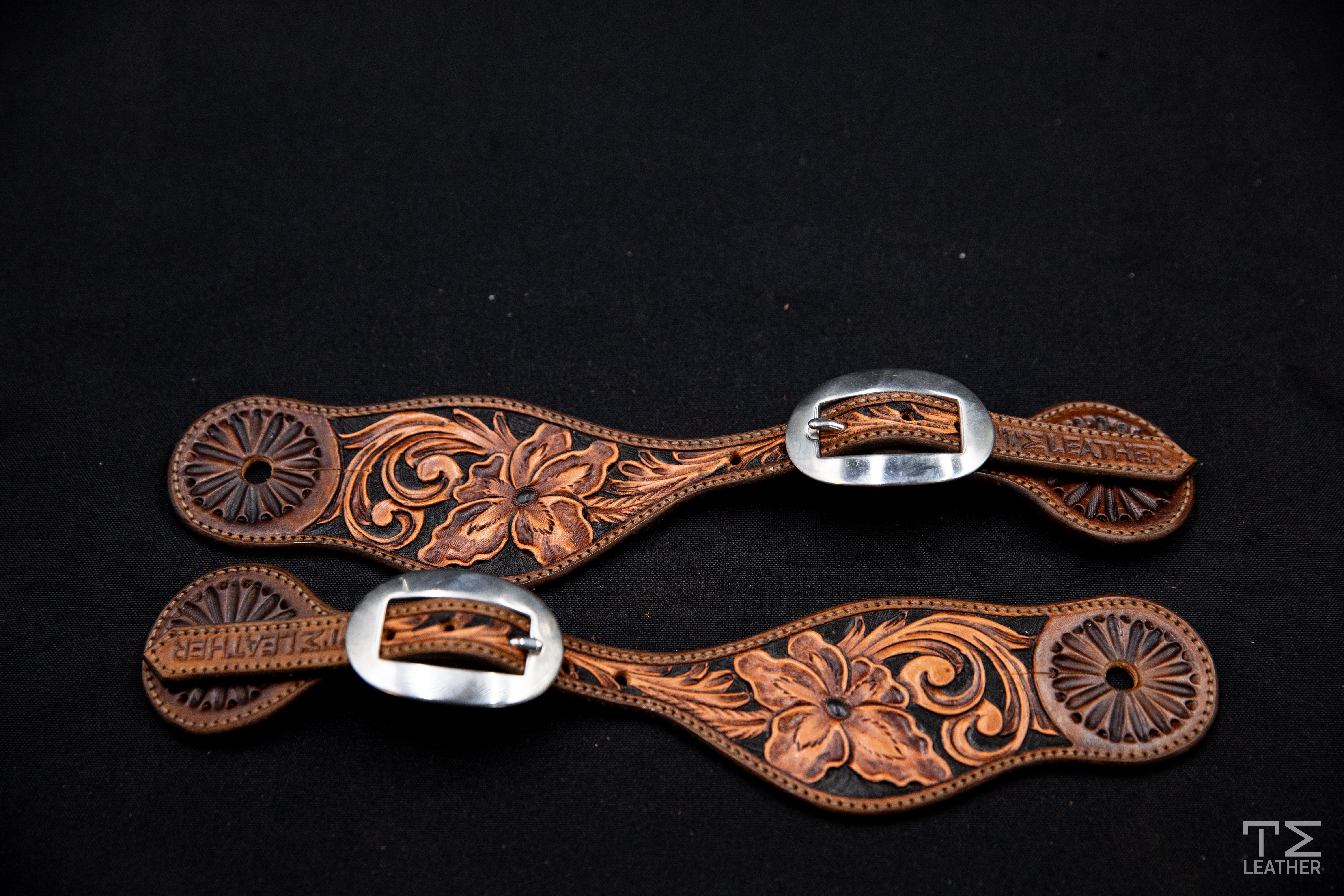 Medium Brown, Light Brown, & Black Small Floral Spur Straps w/ Plain Buckles