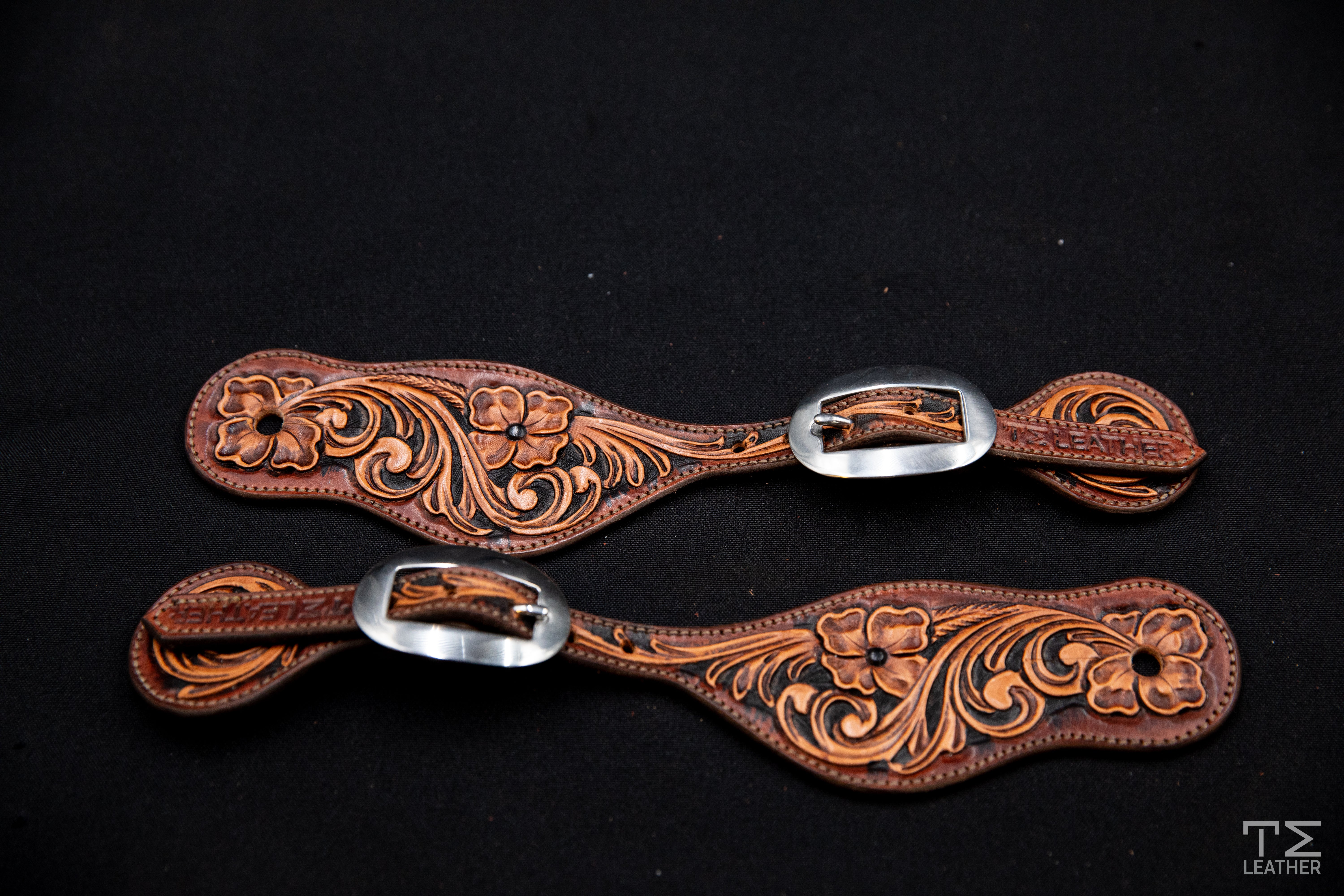 Mahogany, Light Brown, & Black Small Floral Spur Straps w/ Plain Buckles